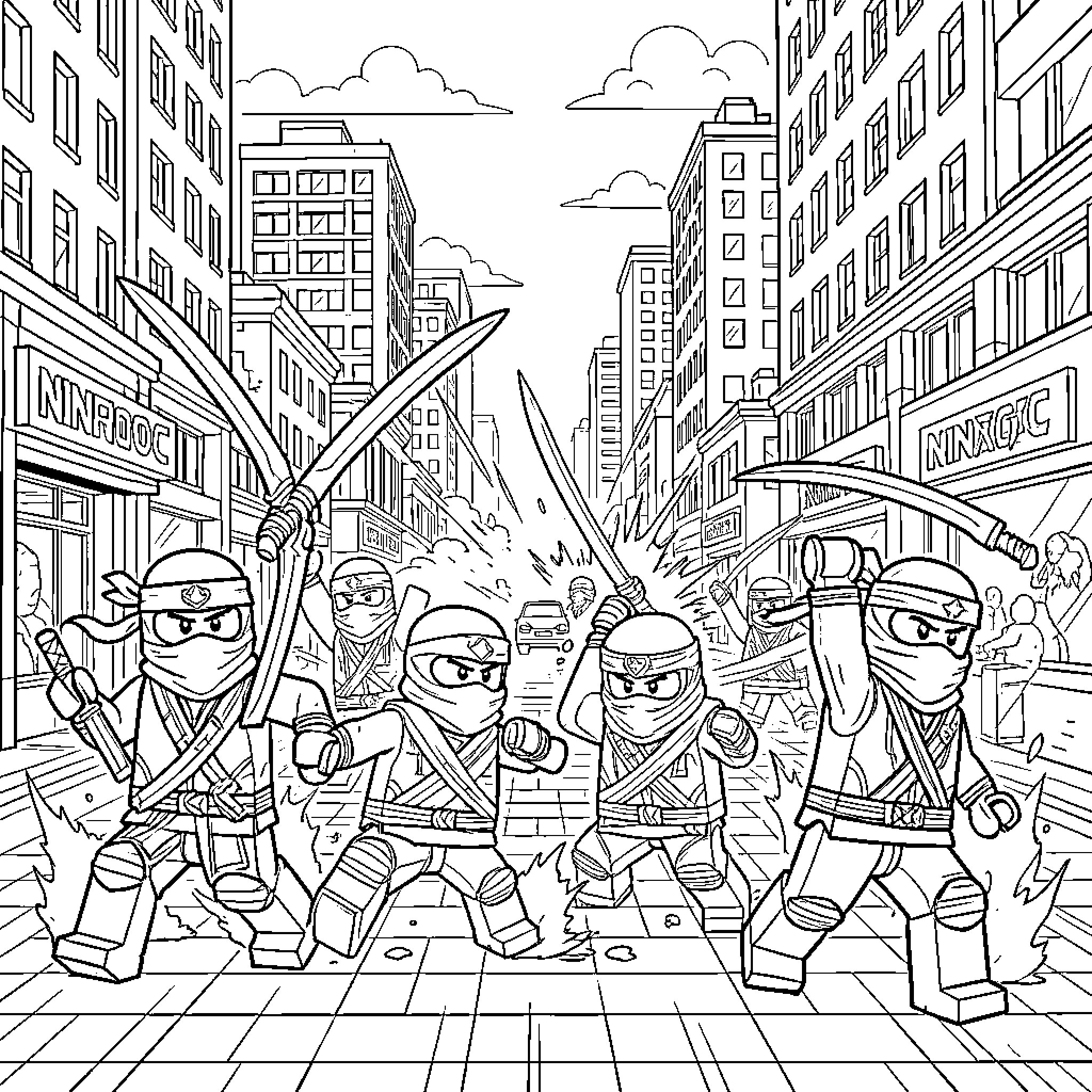 Ninjago characters fighting with swords in a city street Coloring Page (free black-and-white line drawing printable PDF for all, from beginners to advanced learners, including children, teens, adults, and seniors)