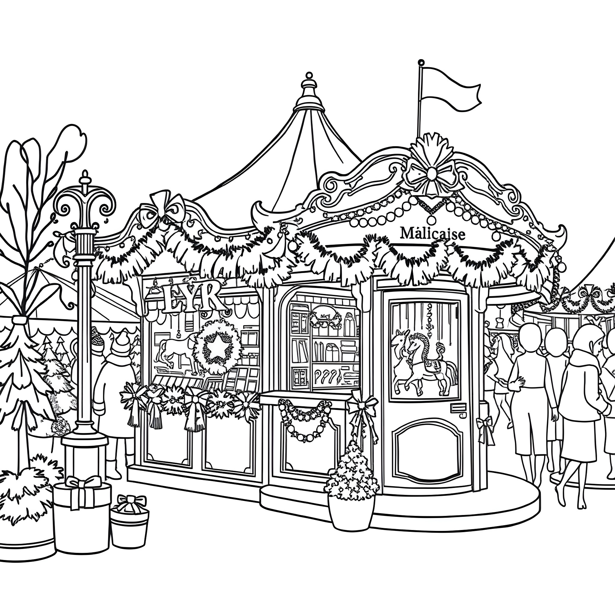 Christmas Market with Decorated Carousel and Festive Crowds Coloring Page (free black-and-white line drawing printable PDF for all, from beginners to advanced learners, including children, teens, adults, and seniors)