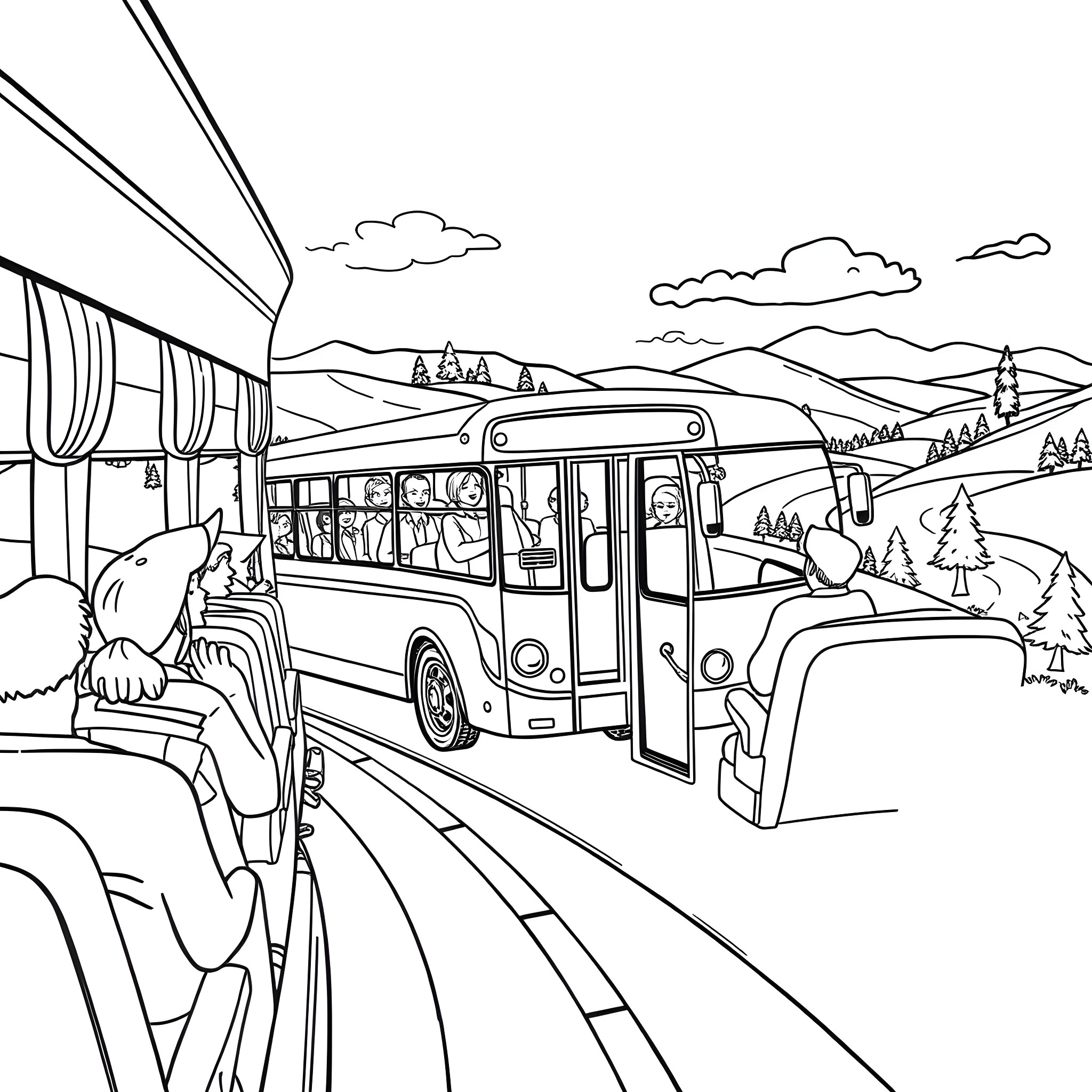 Bus transporting passengers in a scenic countryside Coloring Page (free black-and-white line drawing printable PDF for all, from beginners to advanced learners, including children, teens, adults, and seniors)