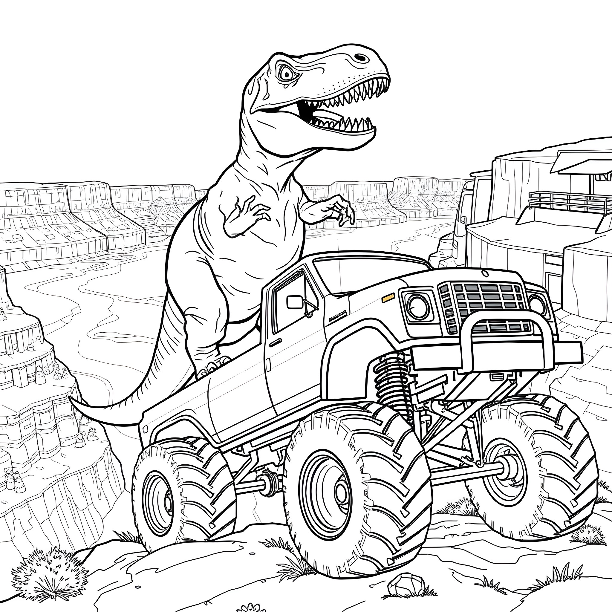 T-Rex riding a monster truck in the desert Coloring Page (free black-and-white line drawing printable PDF for all, from beginners to advanced learners, including children, teens, adults, and seniors)