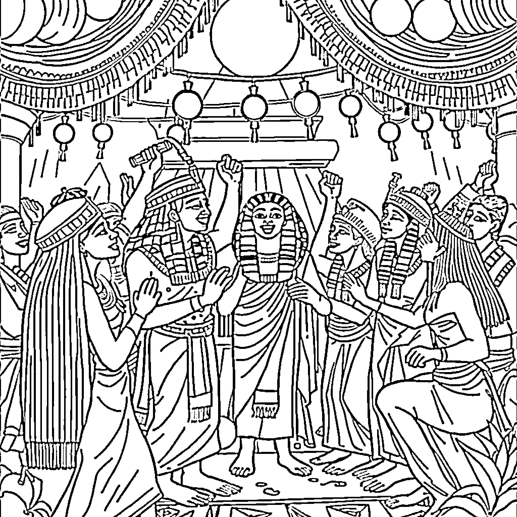 Egyptian festival with traditional costumes and celebrations Coloring Page (free black-and-white line drawing printable PDF for all, from beginners to advanced learners, including children, teens, adults, and seniors)