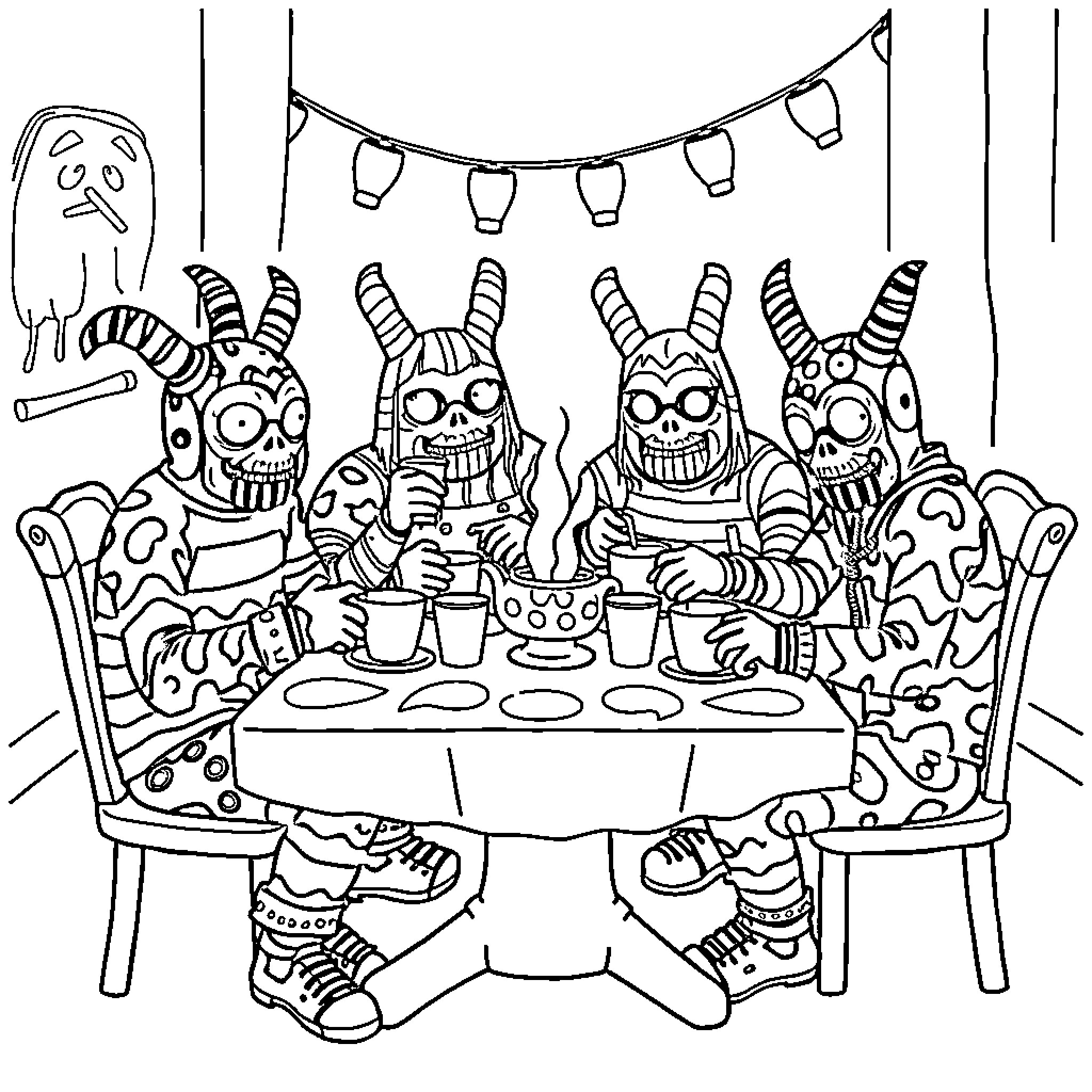 Juggalo Party with Quirky Costumed Characters Coloring Page (free black-and-white line drawing printable PDF for all, from beginners to advanced learners, including children, teens, adults, and seniors)