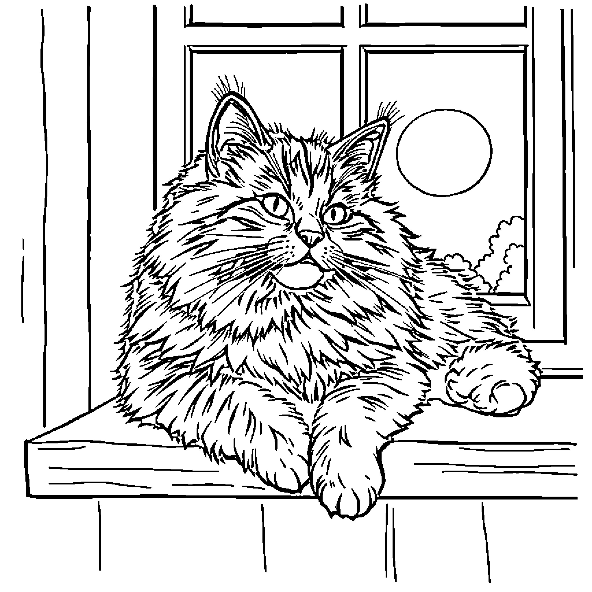 Cat resting on window sill Coloring Page (free black-and-white line drawing printable PDF for all, from beginners to advanced learners, including children, teens, adults, and seniors)