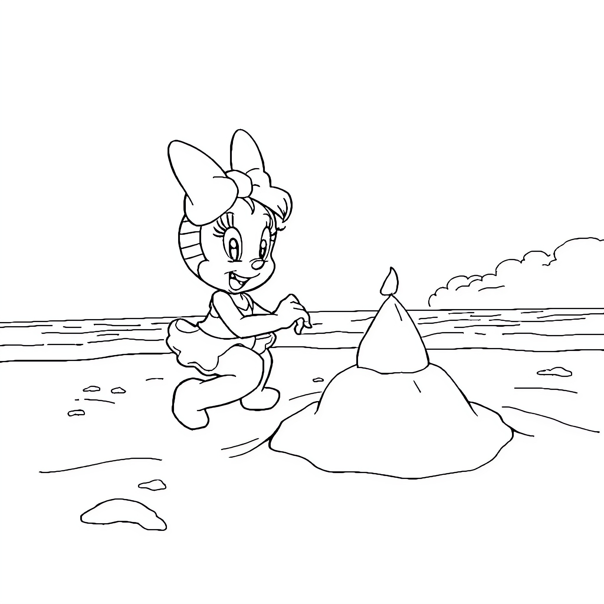 Daisy building a sandcastle by the shore Coloring Page (free black-and-white line drawing printable PDF for all, from beginners to advanced learners, including children, teens, adults, and seniors)