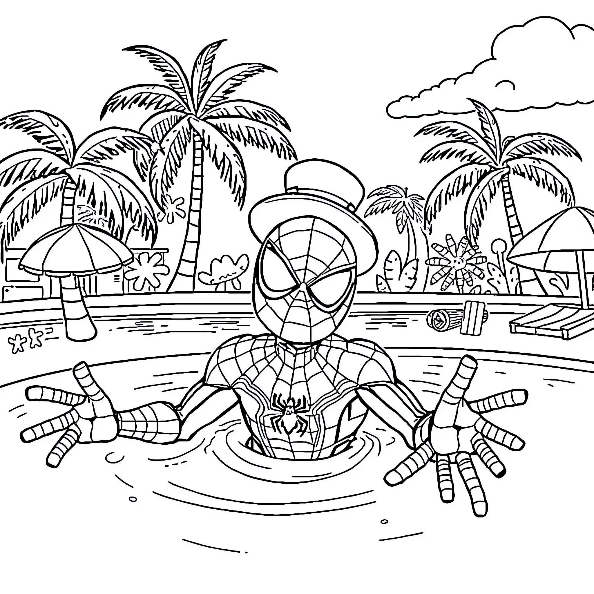 Spiderman relaxing at the beach with palm trees Coloring Page (free black-and-white line drawing printable PDF for all, from beginners to advanced learners, including children, teens, adults, and seniors)