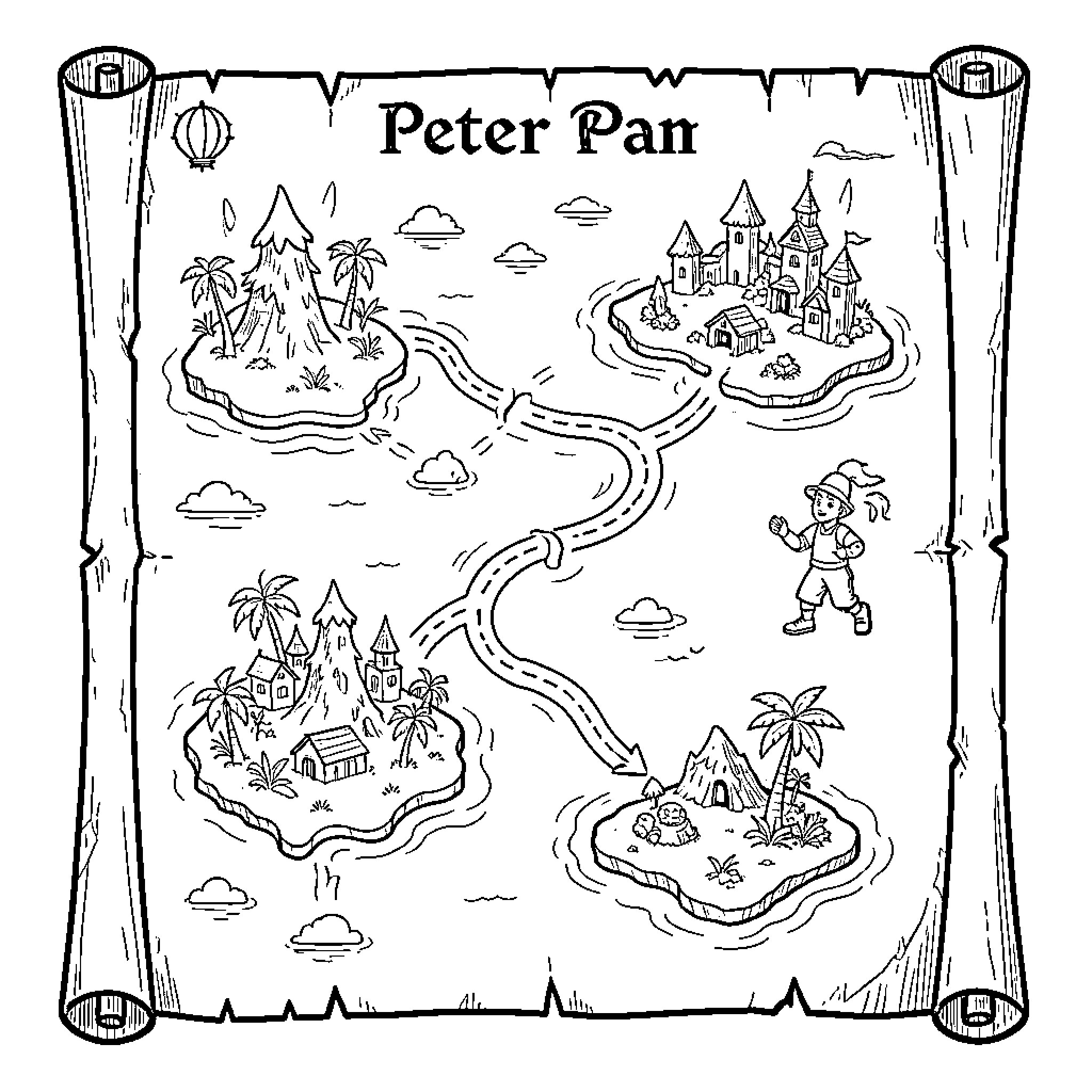 Treasure Map of Peter Pan's Adventure Coloring Page (free black-and-white line drawing printable PDF for all, from beginners to advanced learners, including children, teens, adults, and seniors)