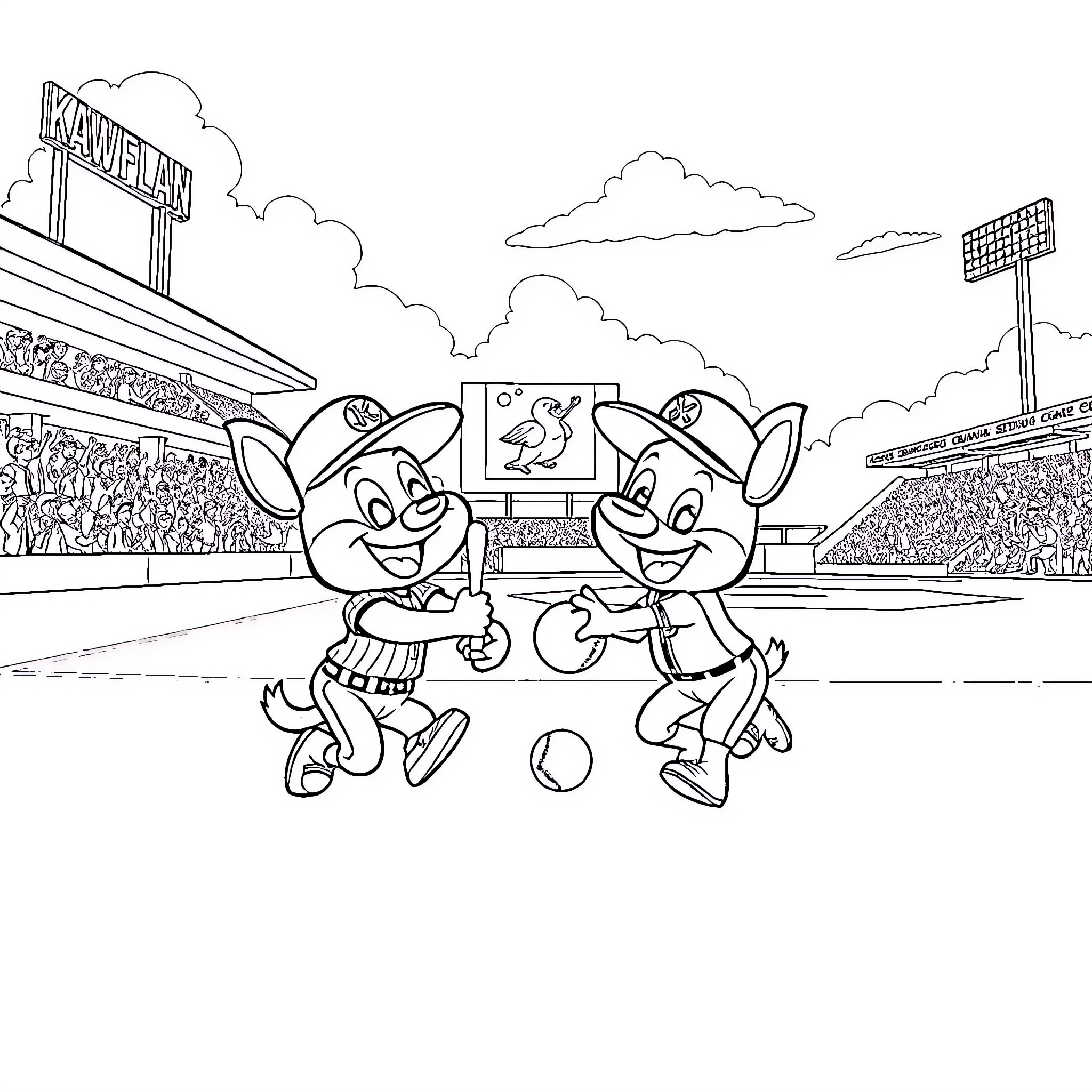 Bluey and Bingo playing baseball at the stadium Coloring Page (free black-and-white line drawing printable PDF for all, from beginners to advanced learners, including children, teens, adults, and seniors)