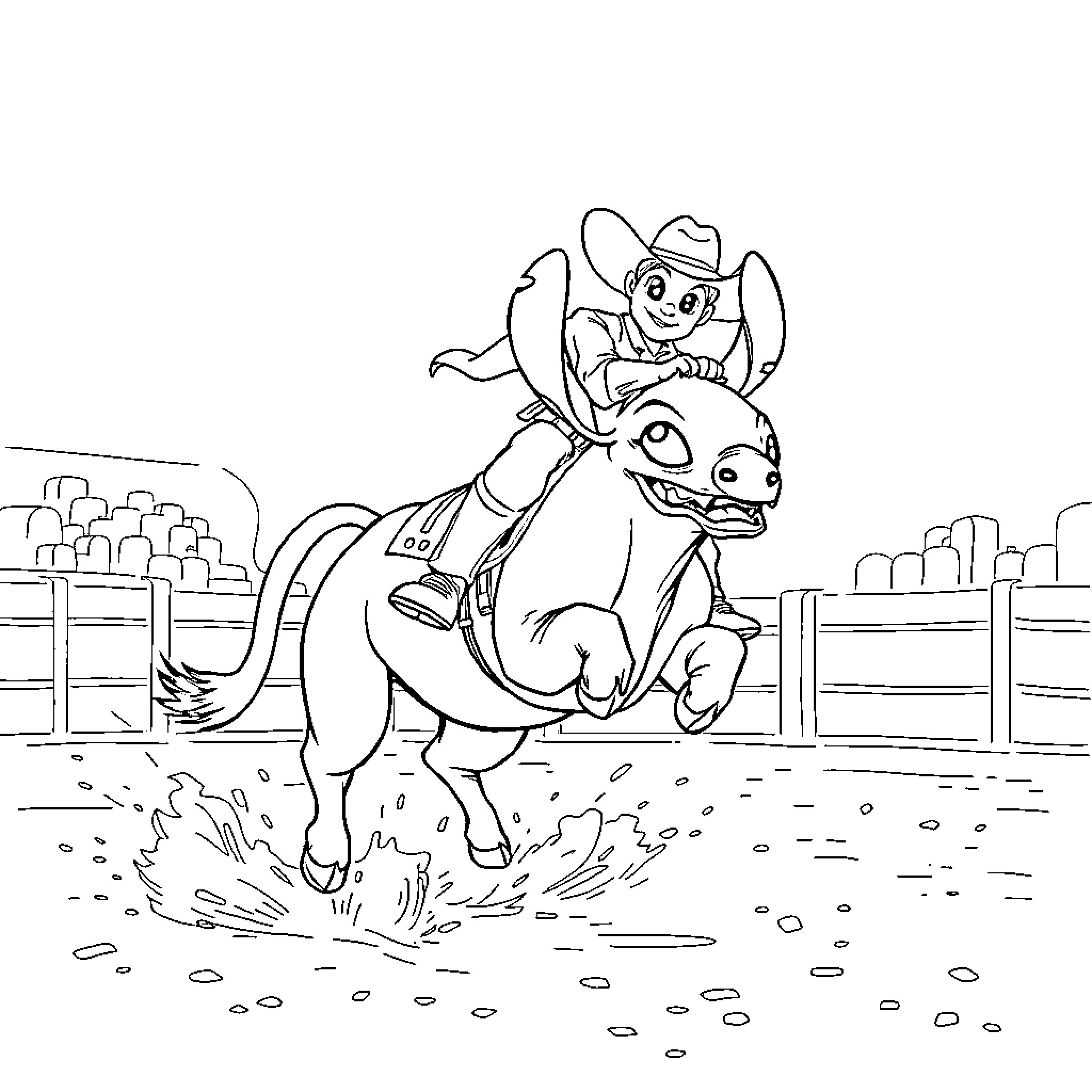 Cowboy riding cheerfully on a friendly monster Coloring Page (free black-and-white line drawing printable PDF for all, from beginners to advanced learners, including children, teens, adults, and seniors)