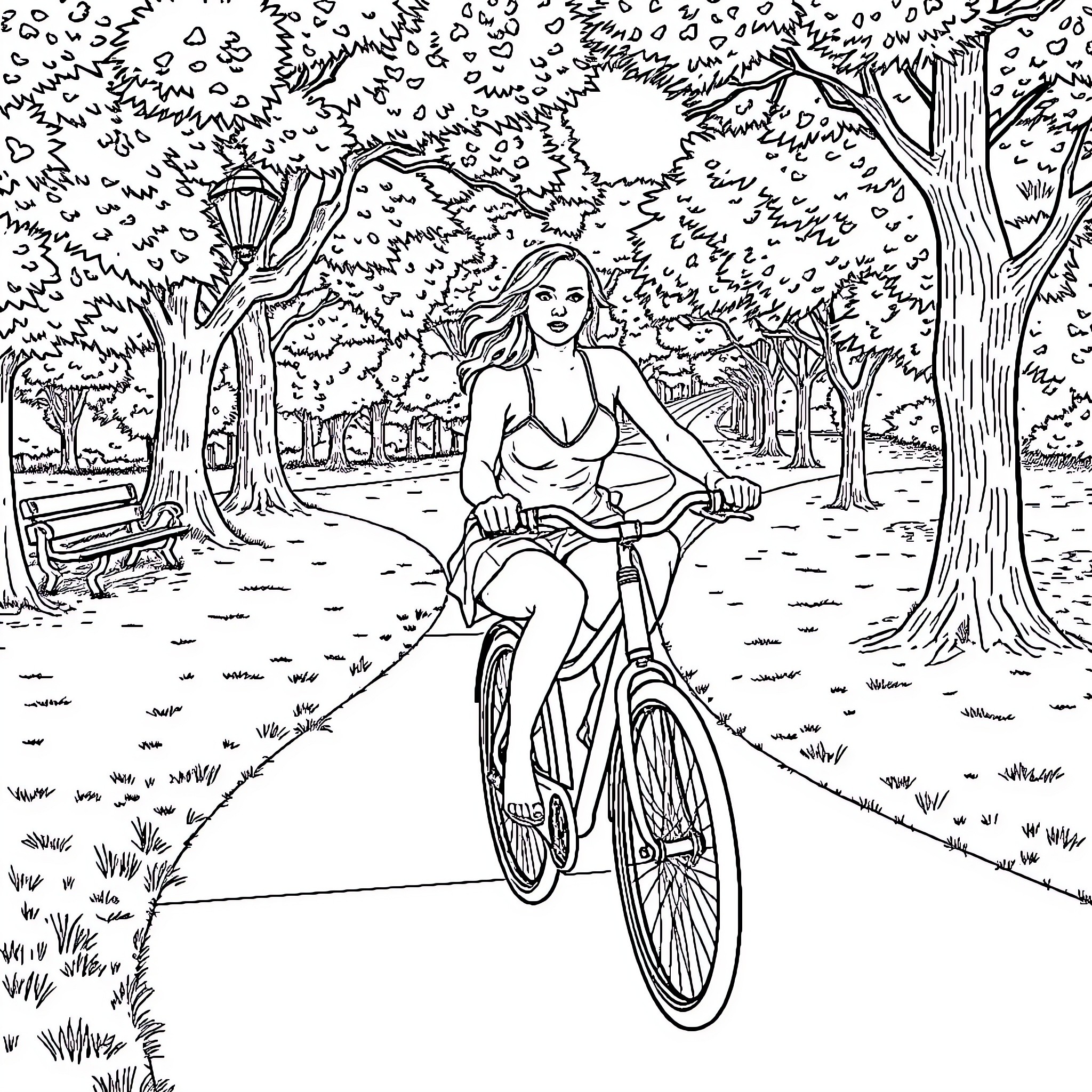 Taylor Swift riding a bicycle in a park Coloring Page (free black-and-white line drawing printable PDF for all, from beginners to advanced learners, including children, teens, adults, and seniors)