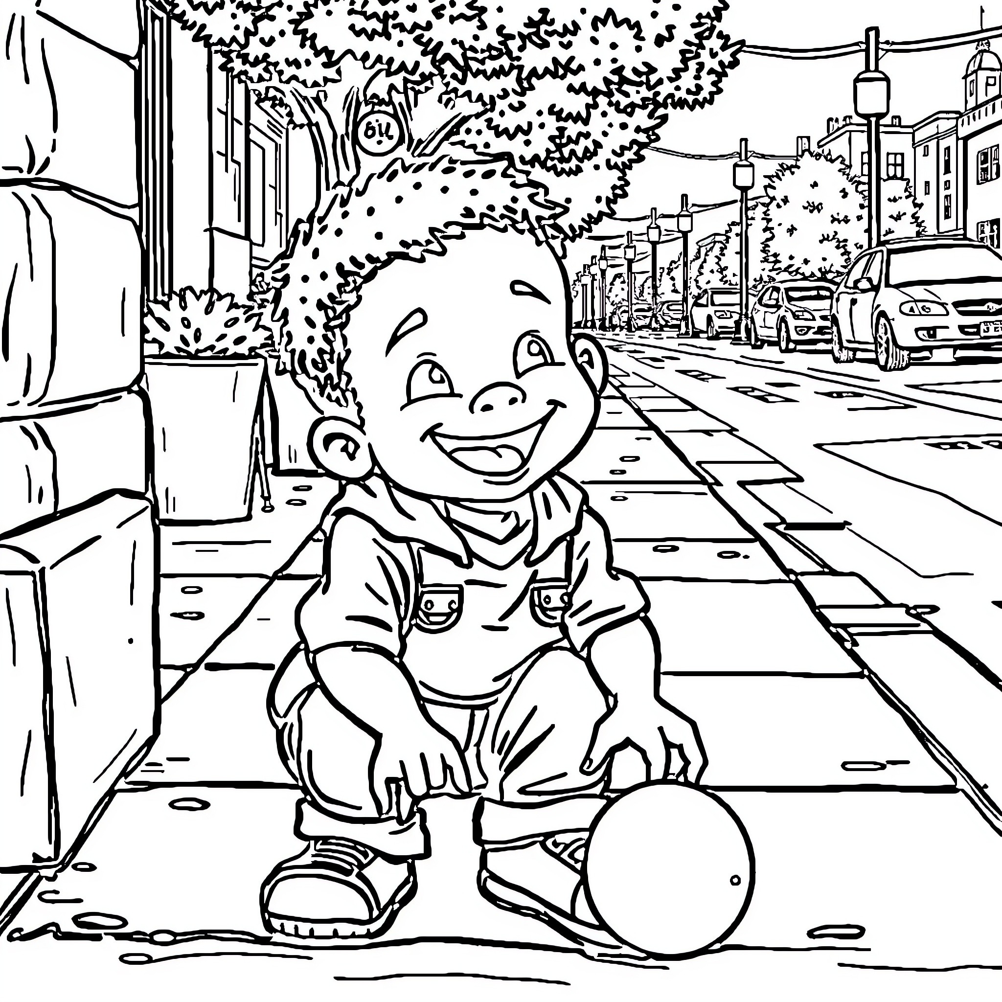 Boy Playing Happily on the City Street Coloring Page (free black-and-white line drawing printable PDF for all, from beginners to advanced learners, including children, teens, adults, and seniors)
