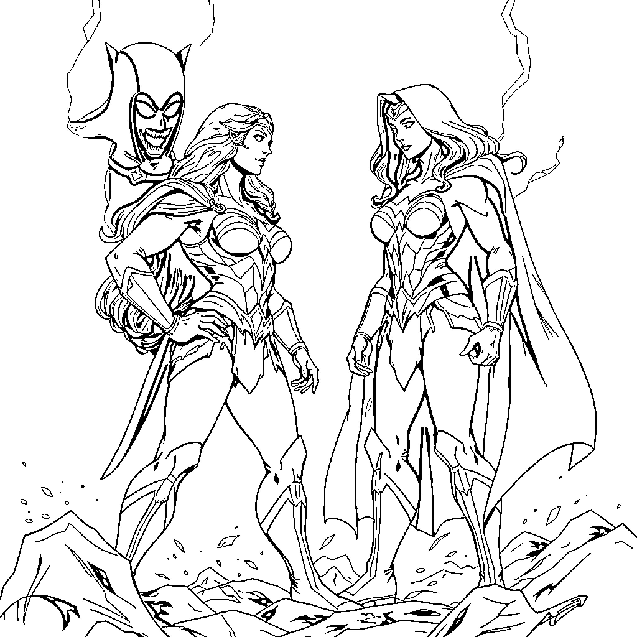 Wonder Women Heroic Duo in Epic Battle Stance Coloring Page (free black-and-white line drawing printable PDF for all, from beginners to advanced learners, including children, teens, adults, and seniors)