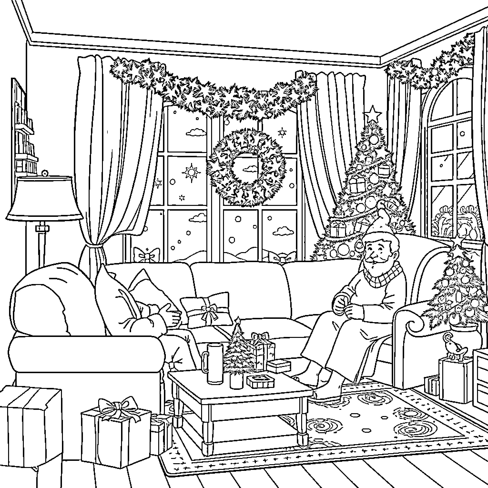 Christmas Decoration in a Cozy Living Room Coloring Page (free black-and-white line drawing printable PDF for all, from beginners to advanced learners, including children, teens, adults, and seniors)