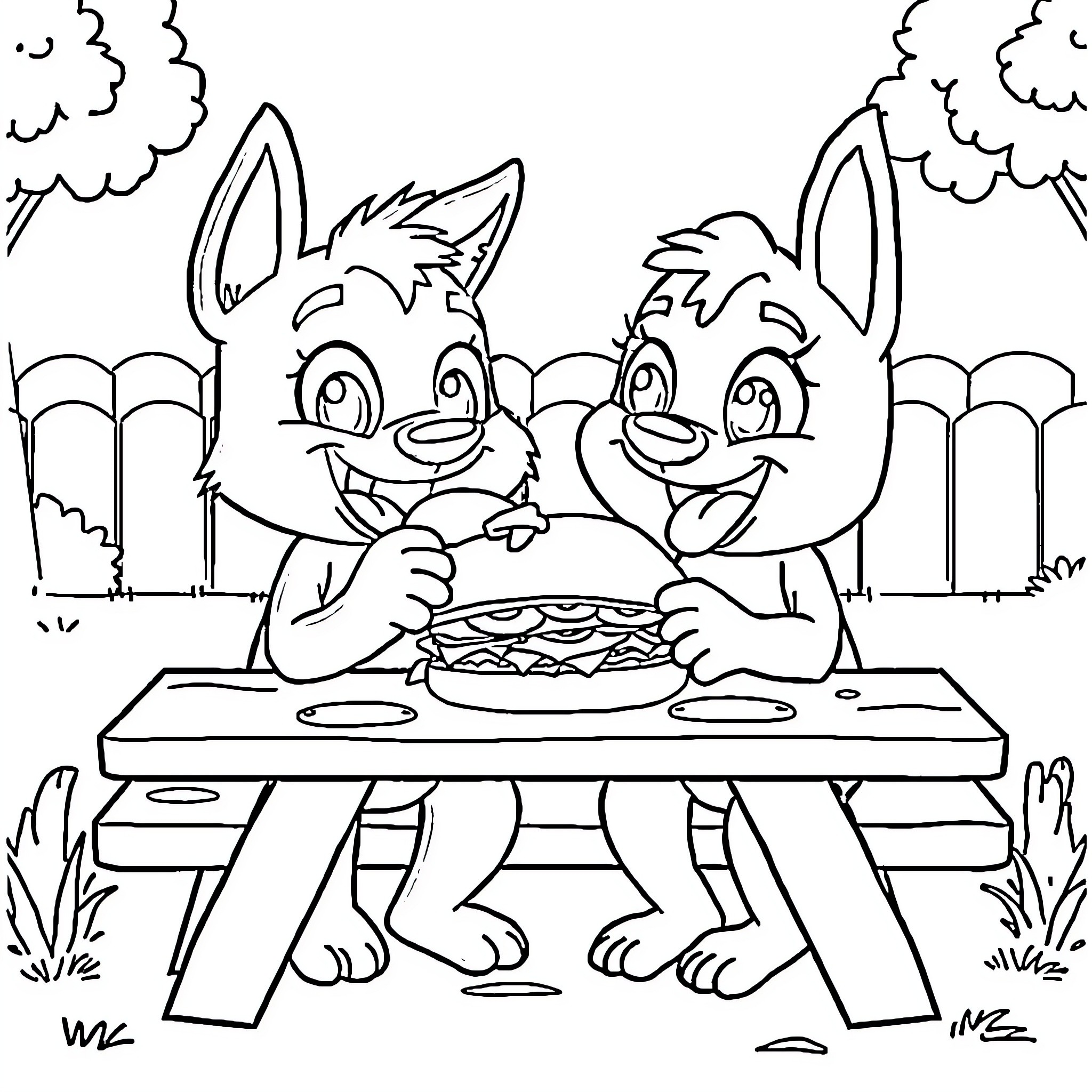 Bluey and friends enjoying a picnic lunch Coloring Page (free black-and-white line drawing printable PDF for all, from beginners to advanced learners, including children, teens, adults, and seniors)