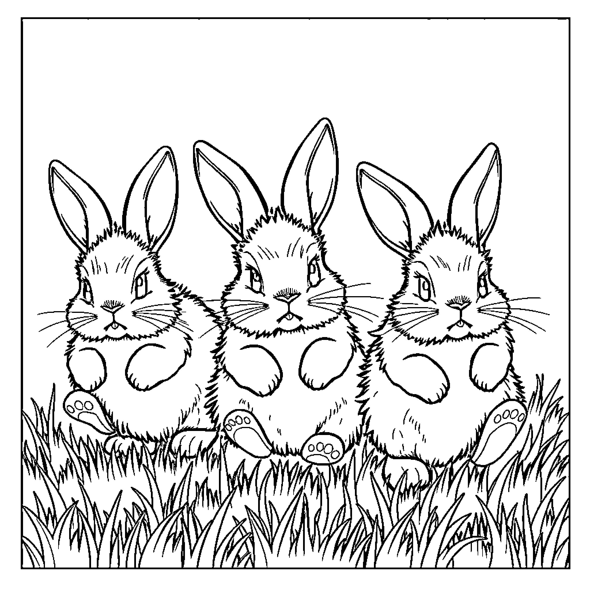 Bunny trio playing in the grass Coloring Page (free black-and-white line drawing printable PDF for all, from beginners to advanced learners, including children, teens, adults, and seniors)