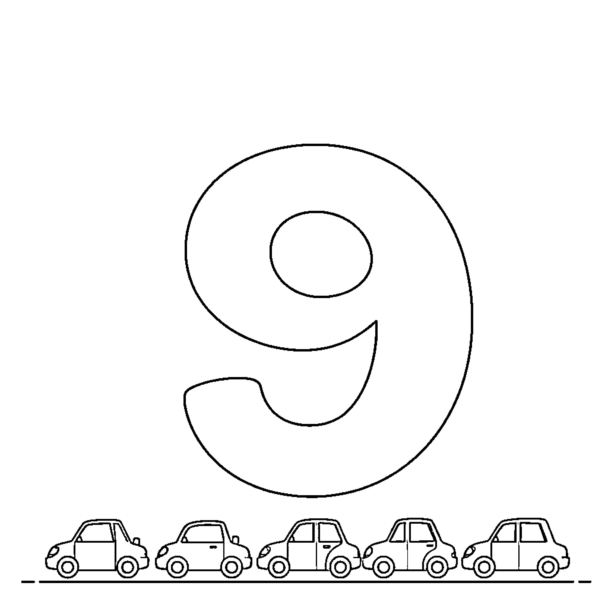 Number 9 vehicles lined up in a row Coloring Page (free black-and-white line drawing printable PDF for all, from beginners to advanced learners, including children, teens, adults, and seniors)