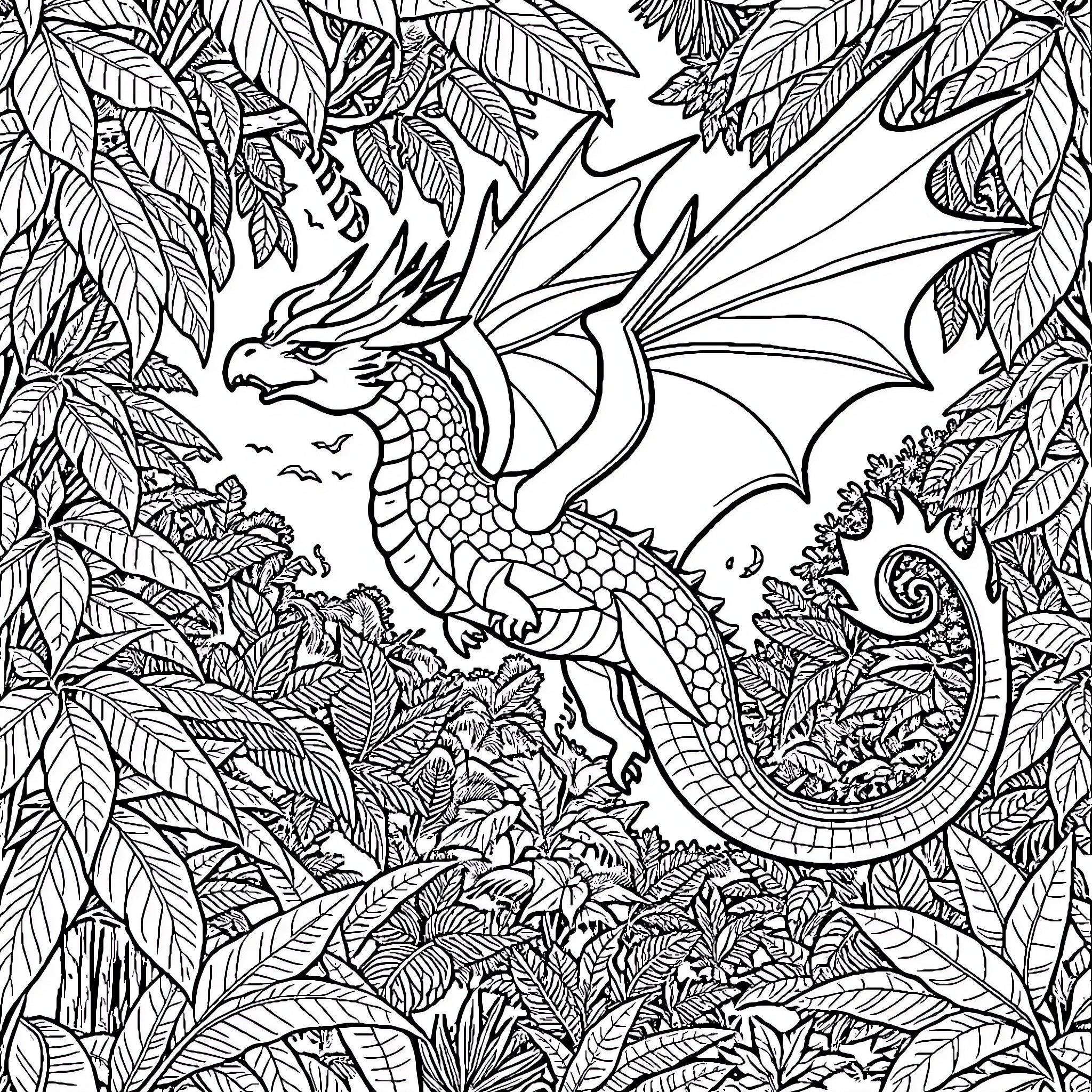 Dragon in the Enchanted Forest Coloring Page (free black-and-white line drawing printable PDF for all, from beginners to advanced learners, including children, teens, adults, and seniors)