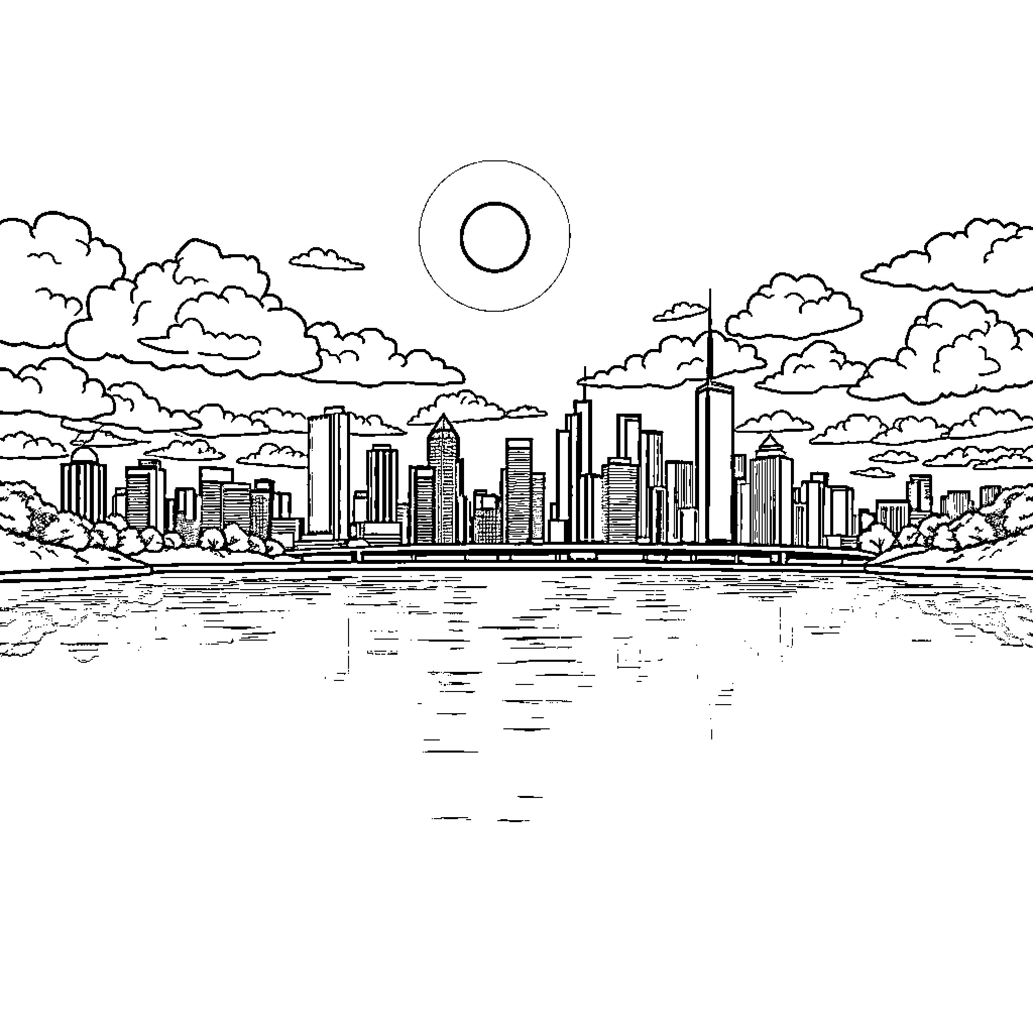 Skyline cityscape with dramatic clouds and sun Coloring Page (free black-and-white line drawing printable PDF for all, from beginners to advanced learners, including children, teens, adults, and seniors)