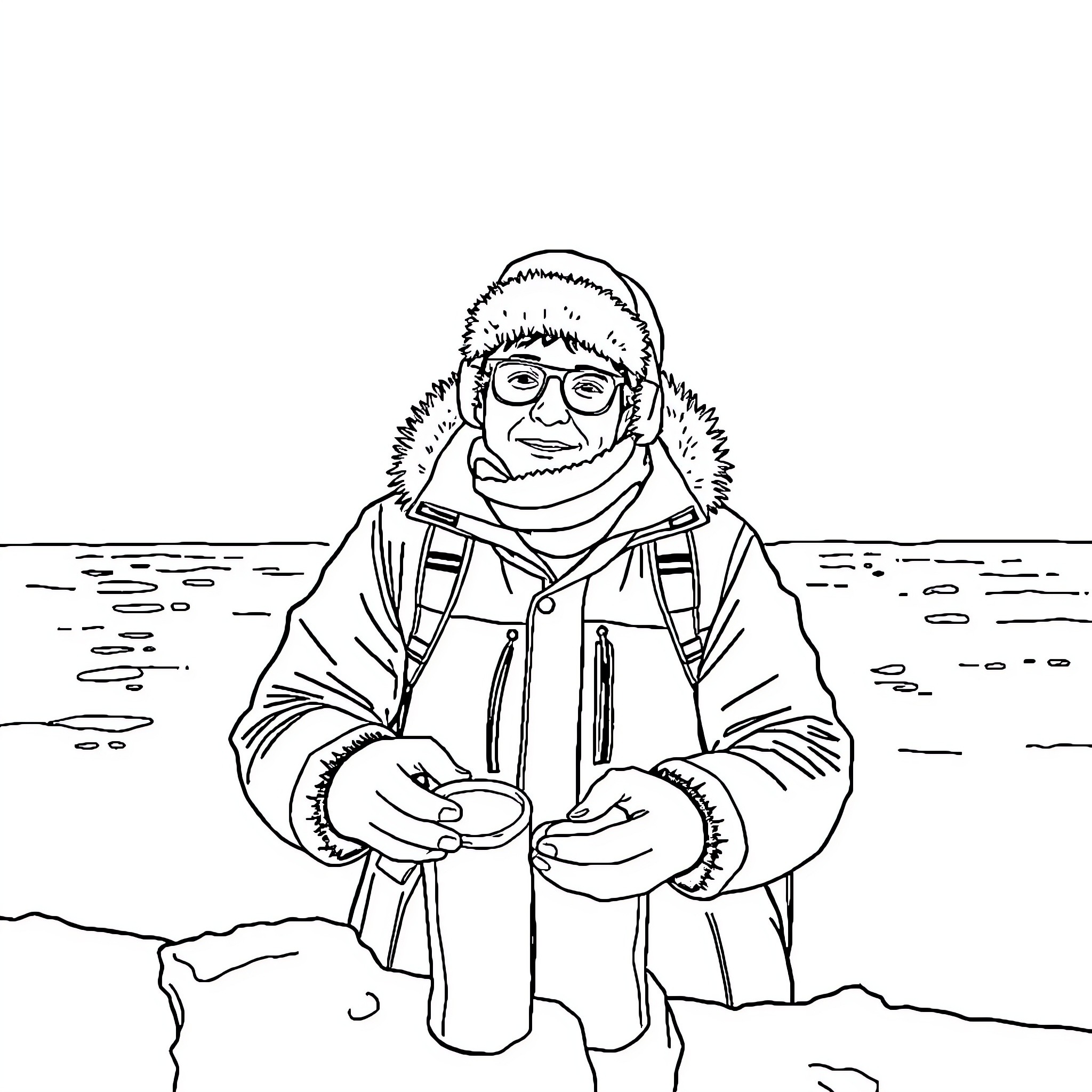 Scientist exploring in the cold winter environment Coloring Page (free black-and-white line drawing printable PDF for all, from beginners to advanced learners, including children, teens, adults, and seniors)