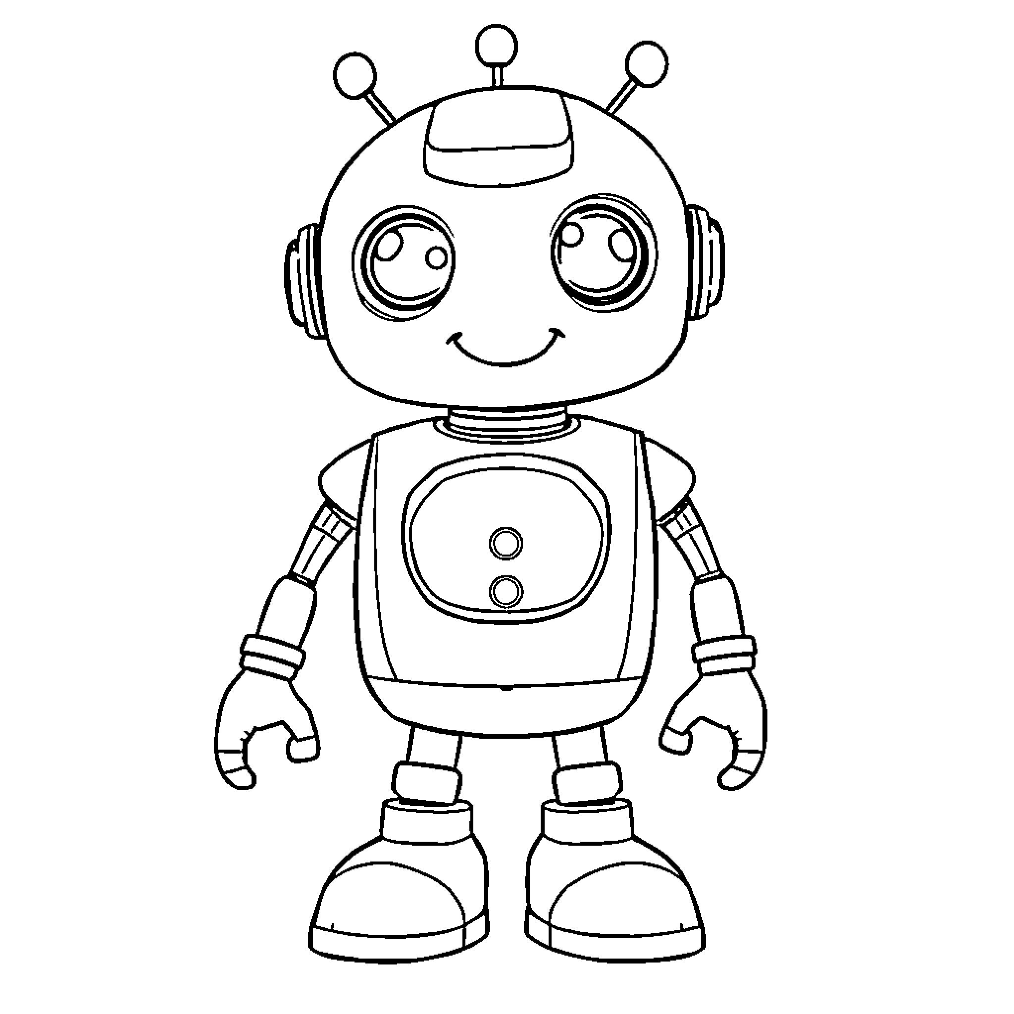 Robot with a friendly expression Coloring Page (free black-and-white line drawing printable PDF for all, from beginners to advanced learners, including children, teens, adults, and seniors)