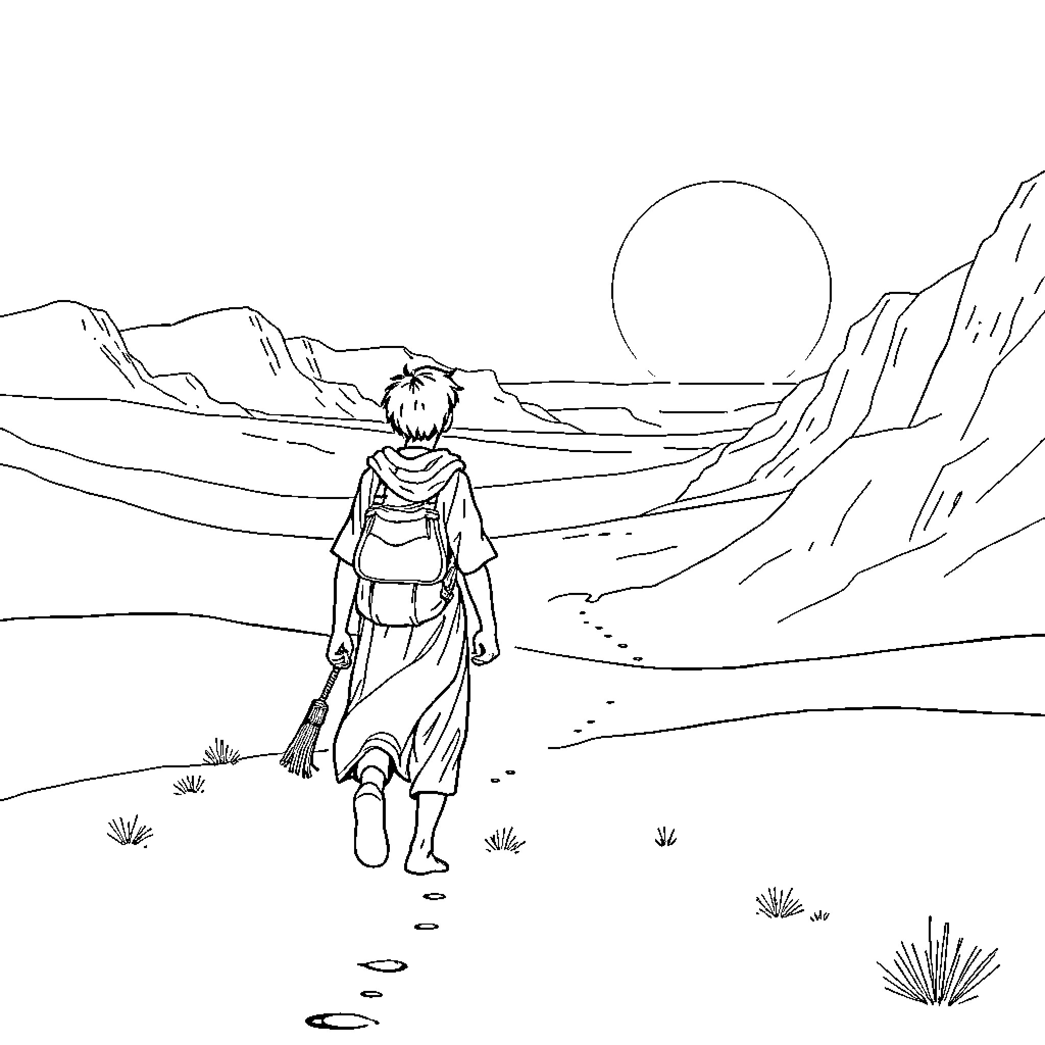 Brother walks alone through the desert landscape Coloring Page (free black-and-white line drawing printable PDF for all, from beginners to advanced learners, including children, teens, adults, and seniors)