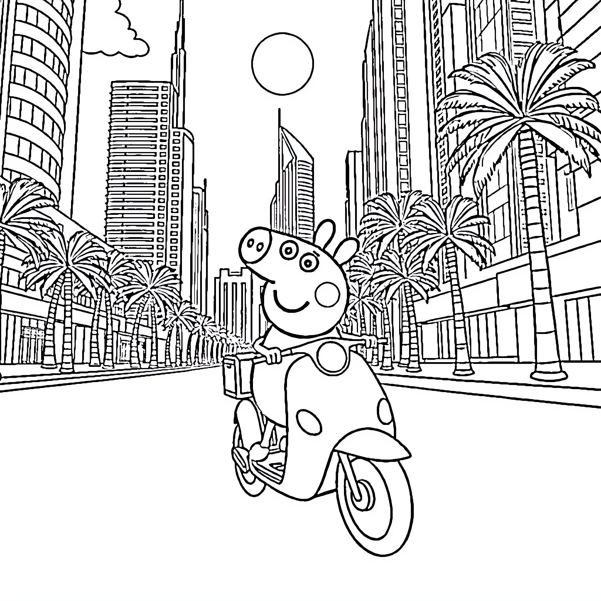 Peppa Pig enjoying a scooter ride in the city Coloring Page (free black-and-white line drawing printable PDF for all, from beginners to advanced learners, including children, teens, adults, and seniors)