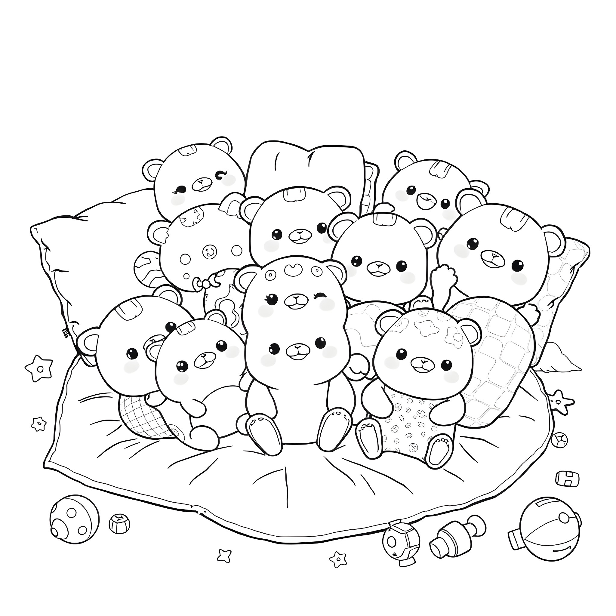Squishmallow characters gathered together in a cozy group Coloring Page (free black-and-white line drawing printable PDF for all, from beginners to advanced learners, including children, teens, adults, and seniors)