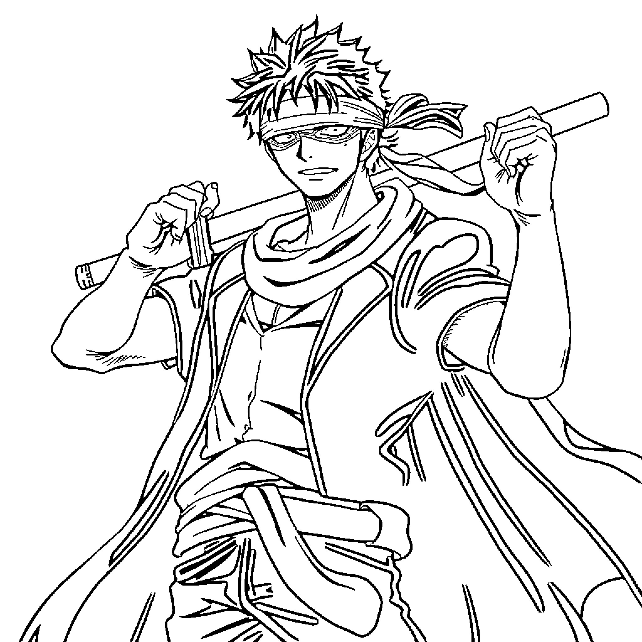 Tousen - Determined Samurai in Dramatic Stance Coloring Page (free black-and-white line drawing printable PDF for all, from beginners to advanced learners, including children, teens, adults, and seniors)