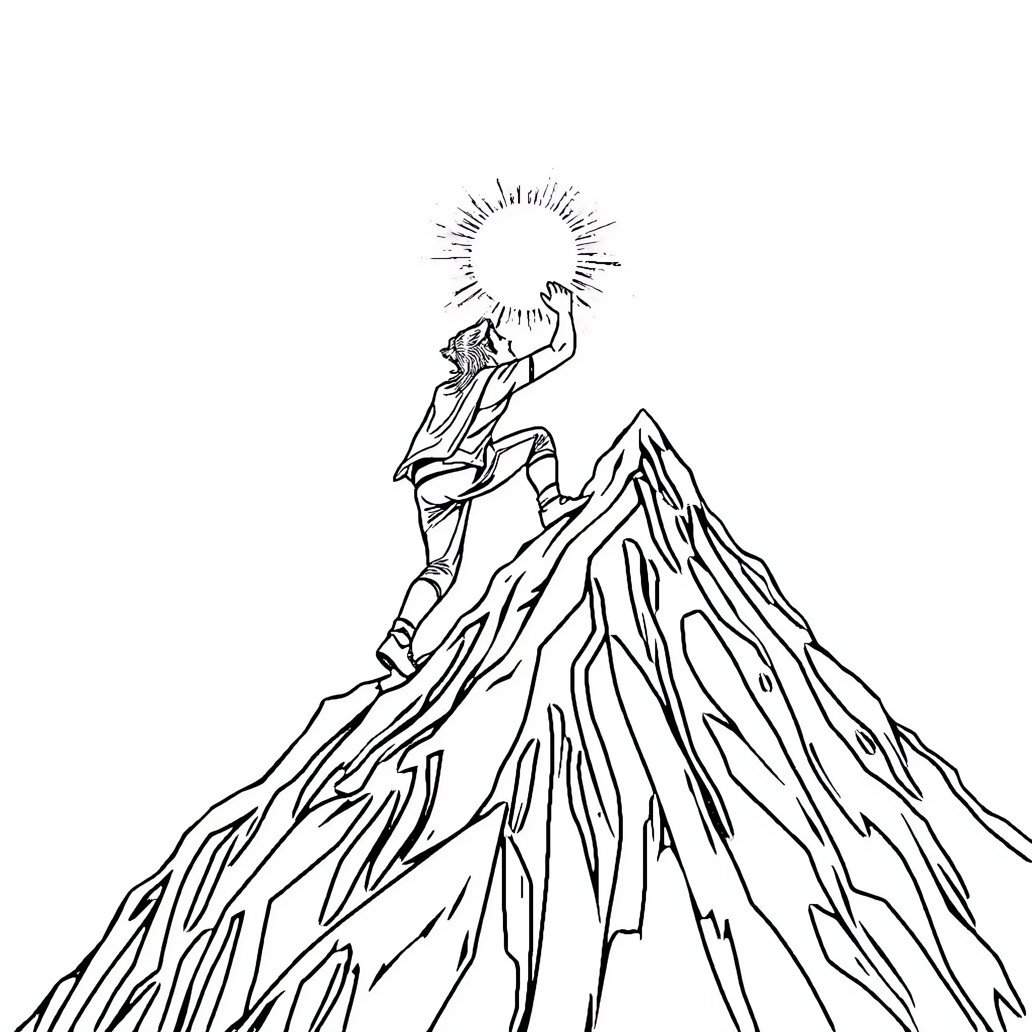 Persona climbing challenging mountain peak Coloring Page (free black-and-white line drawing printable PDF for all, from beginners to advanced learners, including children, teens, adults, and seniors)