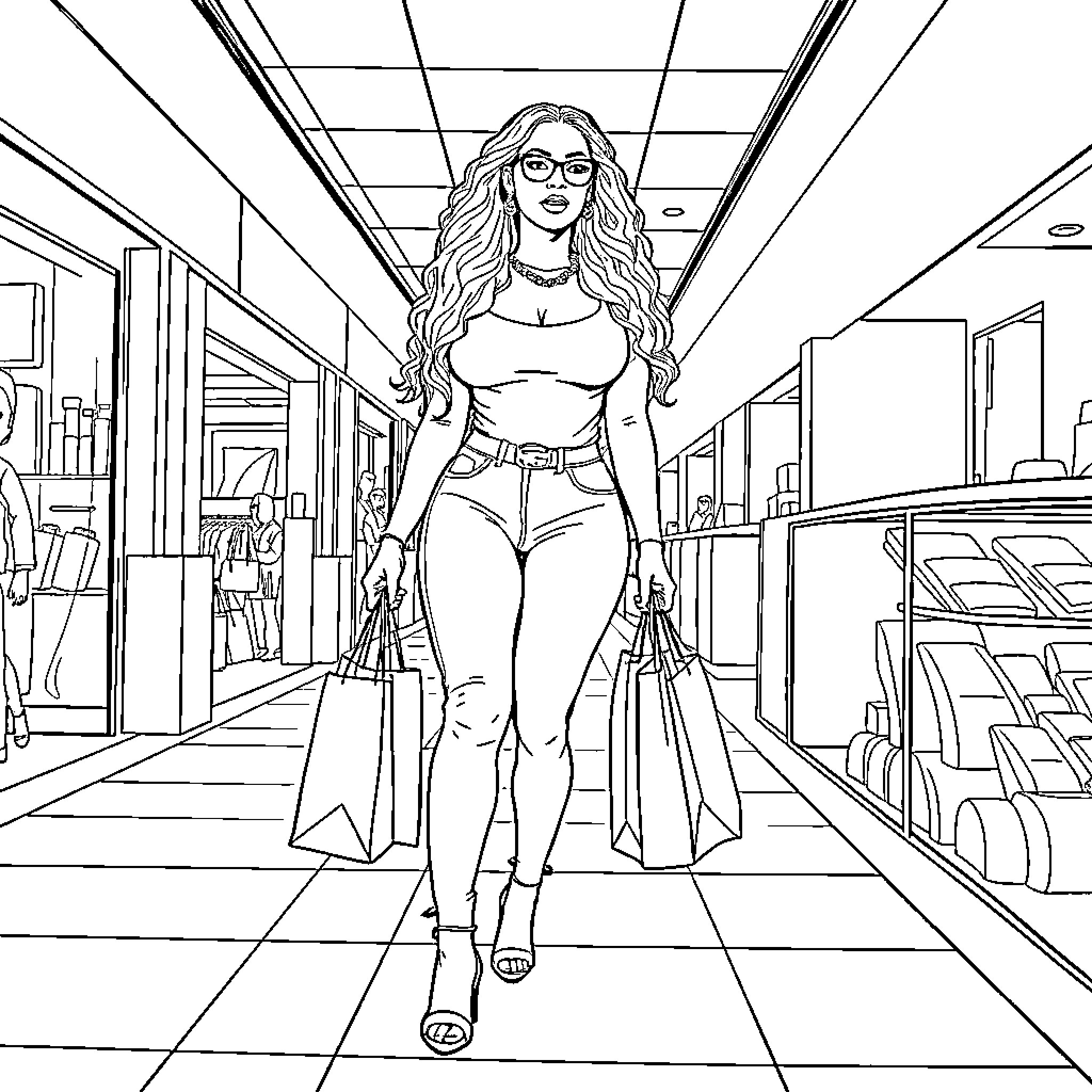 Beyonce Shopping in Stylish Outfit Coloring Page (free black-and-white line drawing printable PDF for all, from beginners to advanced learners, including children, teens, adults, and seniors)