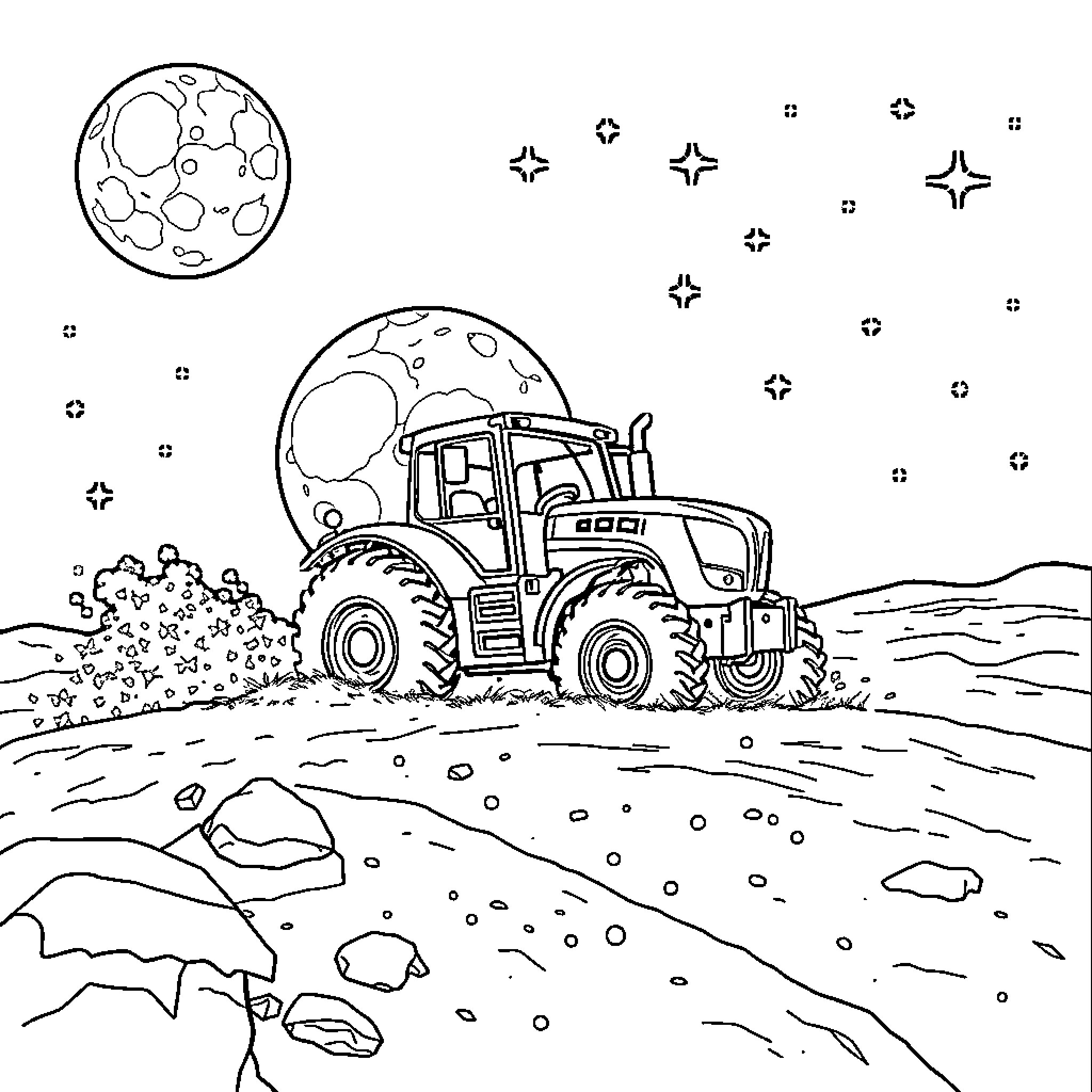 Tractor working under the night sky Coloring Page (free black-and-white line drawing printable PDF for all, from beginners to advanced learners, including children, teens, adults, and seniors)