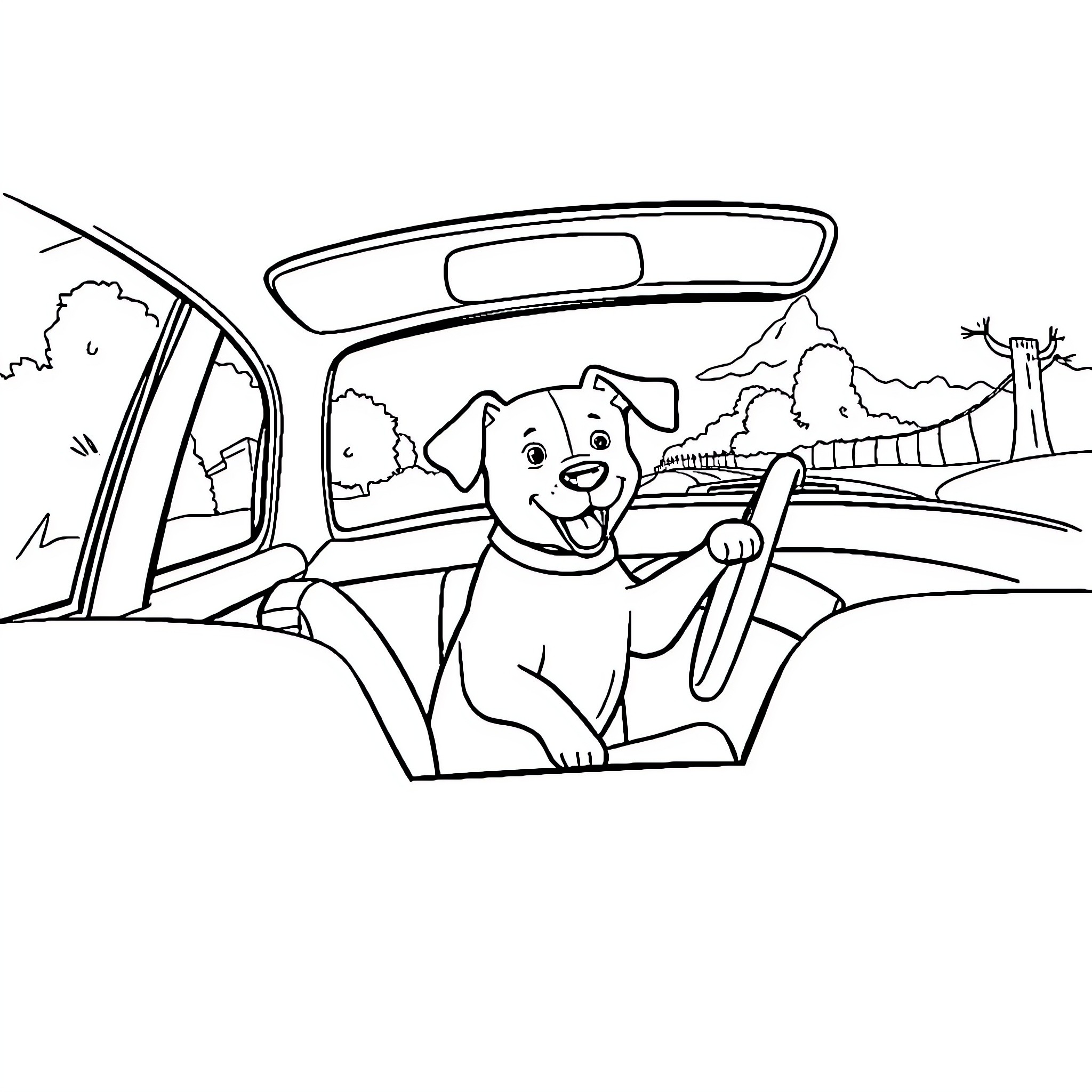 Dog enjoying a car ride through the countryside Coloring Page (free black-and-white line drawing printable PDF for all, from beginners to advanced learners, including children, teens, adults, and seniors)