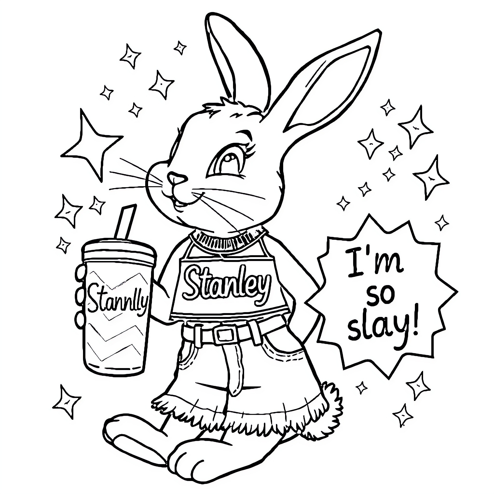 Bunny enjoying a cool drink and feeling slay Coloring Page (free black-and-white line drawing printable PDF for all, from beginners to advanced learners, including children, teens, adults, and seniors)