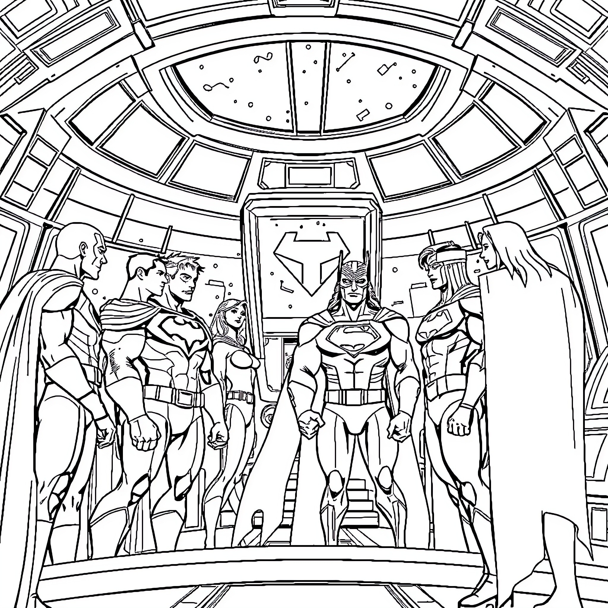 Justice League Heroes Assemble in Iconic Headquarters Coloring Page (free black-and-white line drawing printable PDF for all, from beginners to advanced learners, including children, teens, adults, and seniors)