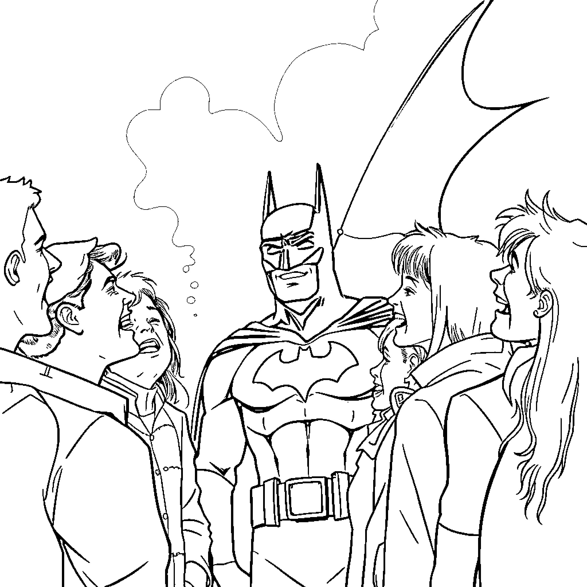 Batman leading group of heroes in action Coloring Page (free black-and-white line drawing printable PDF for all, from beginners to advanced learners, including children, teens, adults, and seniors)