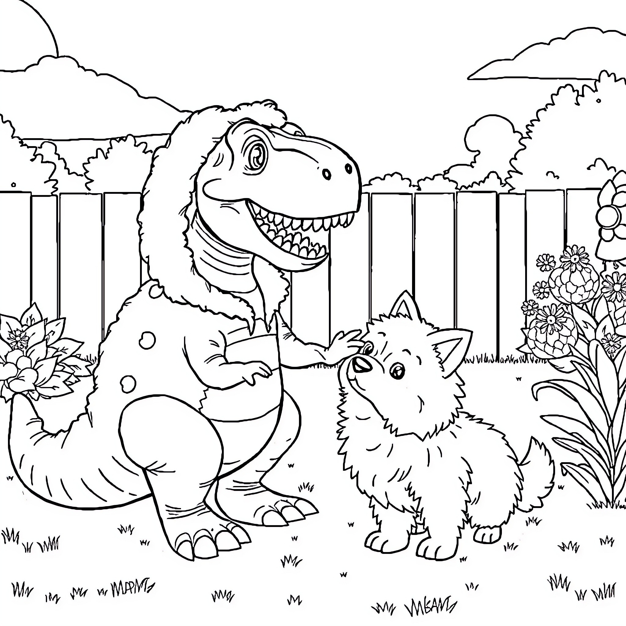 T-Rex playing happily with a small dog in the garden Coloring Page (free black-and-white line drawing printable PDF for all, from beginners to advanced learners, including children, teens, adults, and seniors)