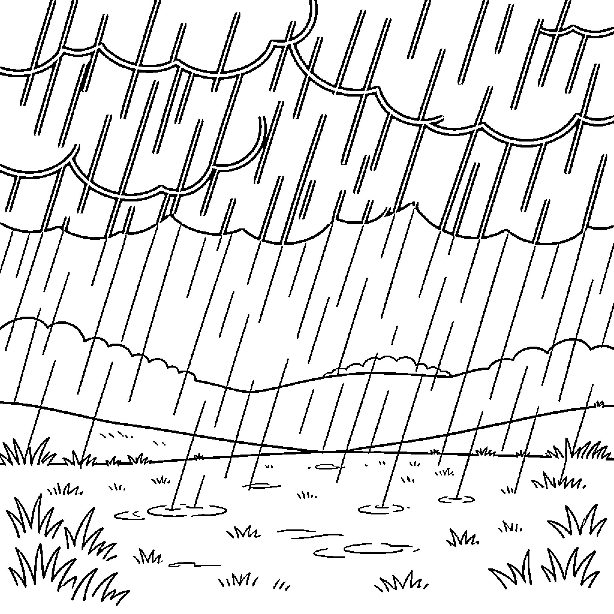 Rainy Landscape with heavy rain falling on hills Coloring Page (free black-and-white line drawing printable PDF for all, from beginners to advanced learners, including children, teens, adults, and seniors)