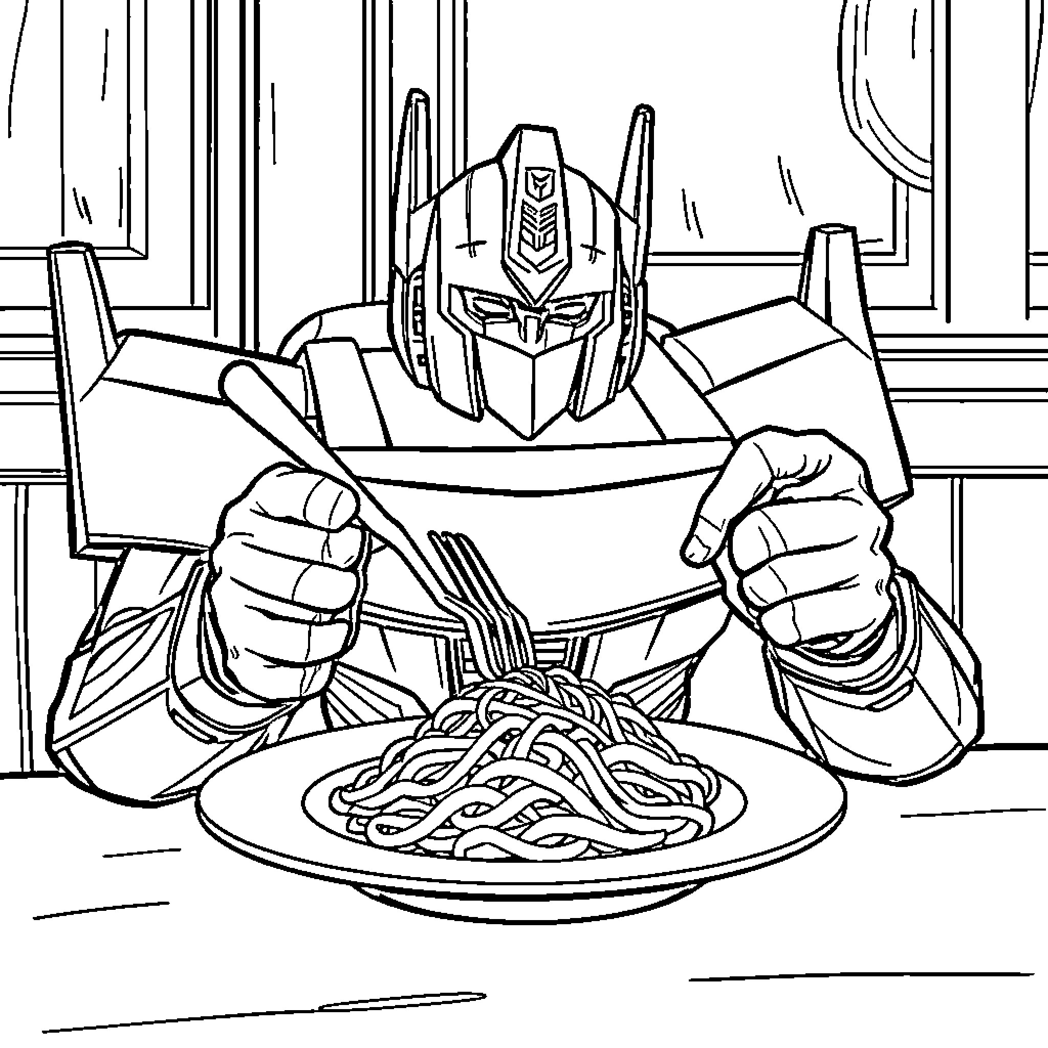 Optimus Prime enjoying a meal of spaghetti Coloring Page (free black-and-white line drawing printable PDF for all, from beginners to advanced learners, including children, teens, adults, and seniors)