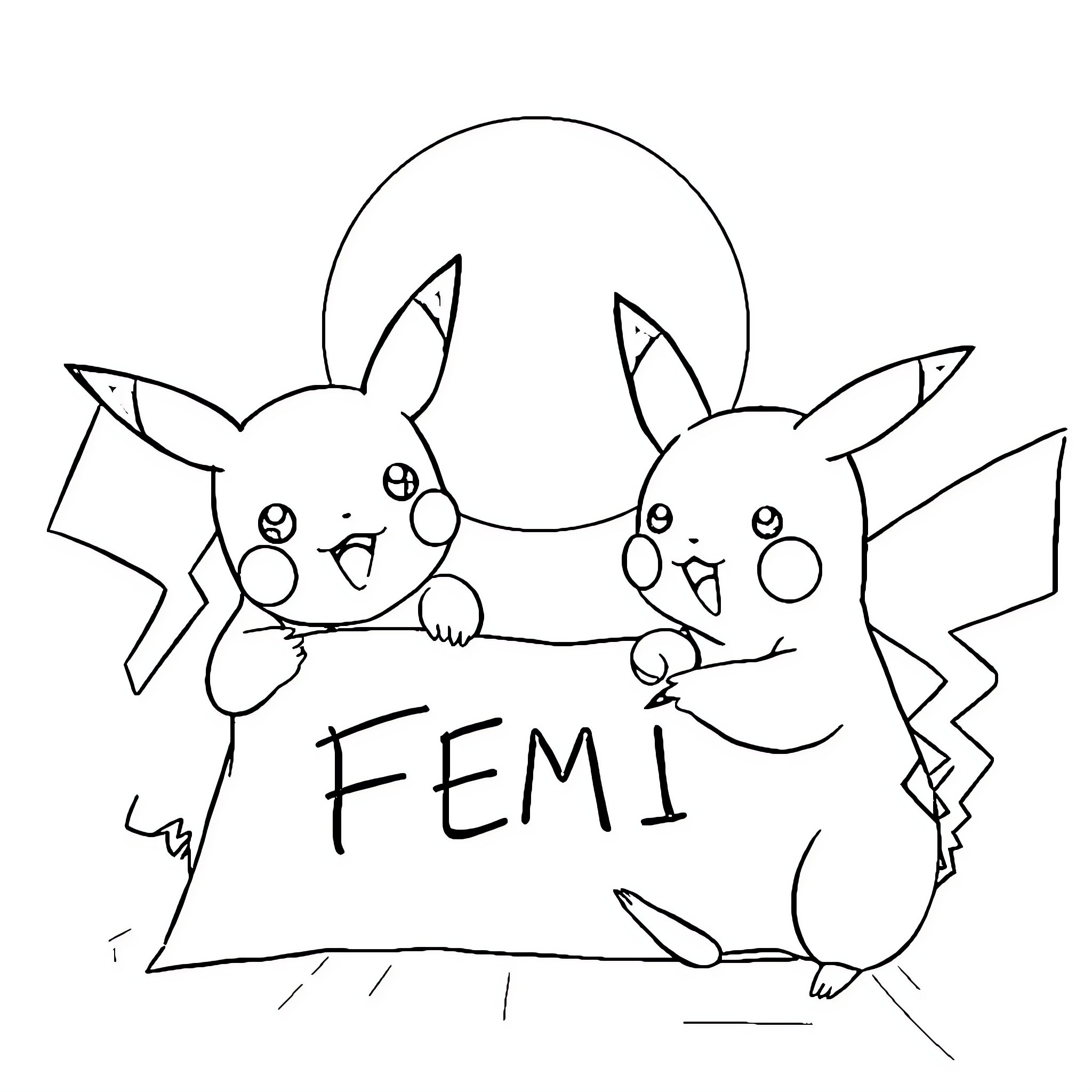 Pikachu duo playing and holding a sign Coloring Page (free black-and-white line drawing printable PDF for all, from beginners to advanced learners, including children, teens, adults, and seniors)