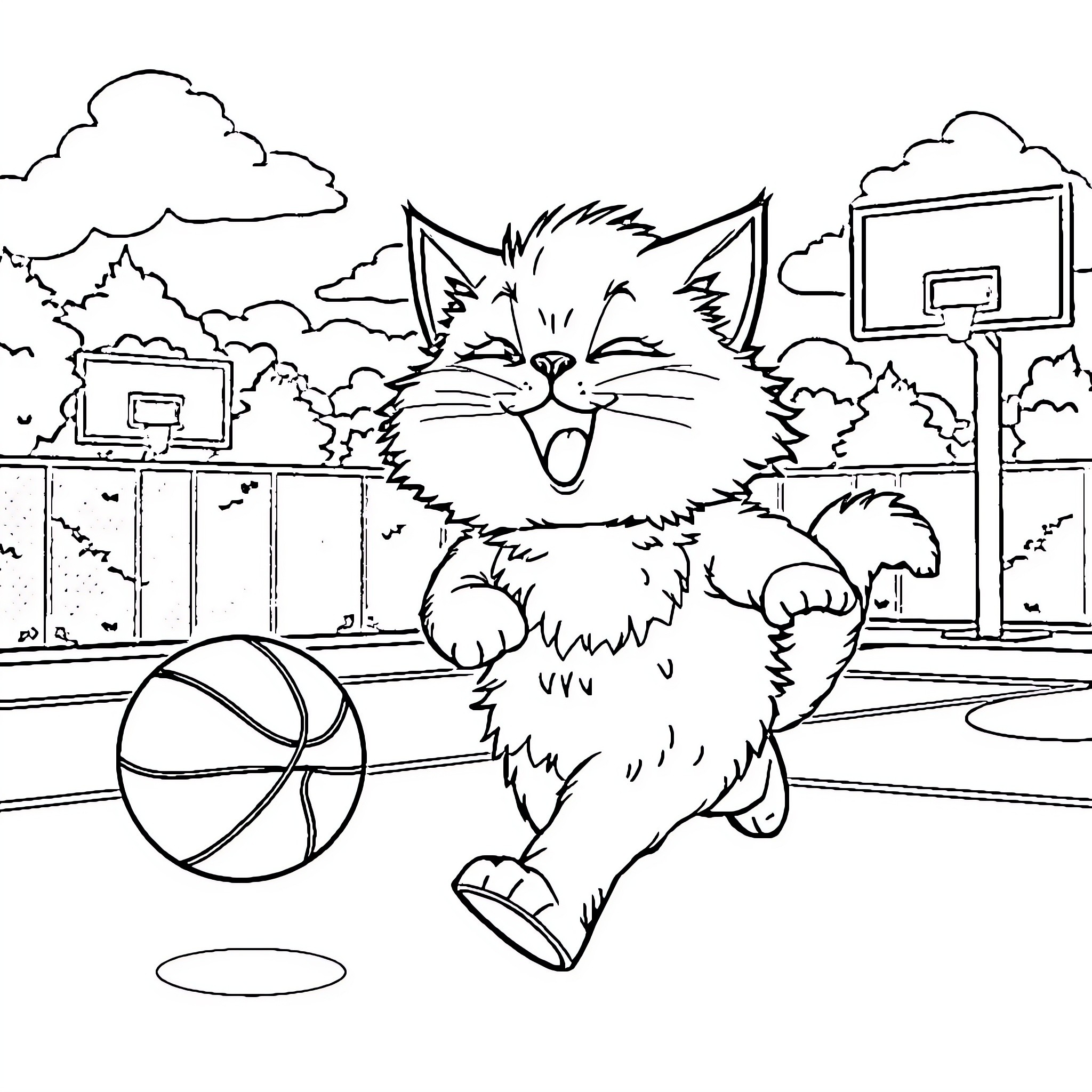 Cat playing joyfully on basketball court Coloring Page (free black-and-white line drawing printable PDF for all, from beginners to advanced learners, including children, teens, adults, and seniors)