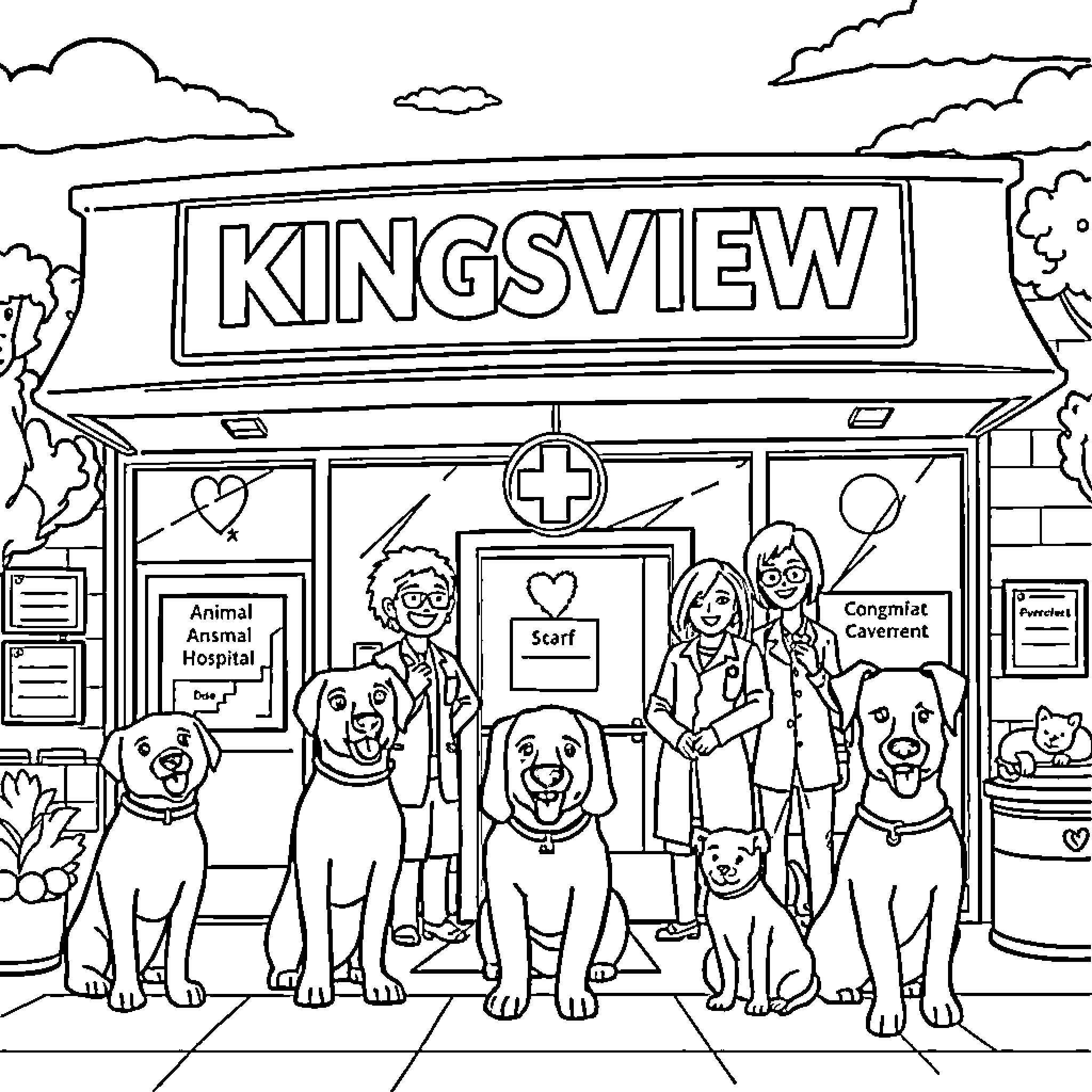 Animal Hospital Staff Caring for Pets at Kingsview Coloring Page (free black-and-white line drawing printable PDF for all, from beginners to advanced learners, including children, teens, adults, and seniors)