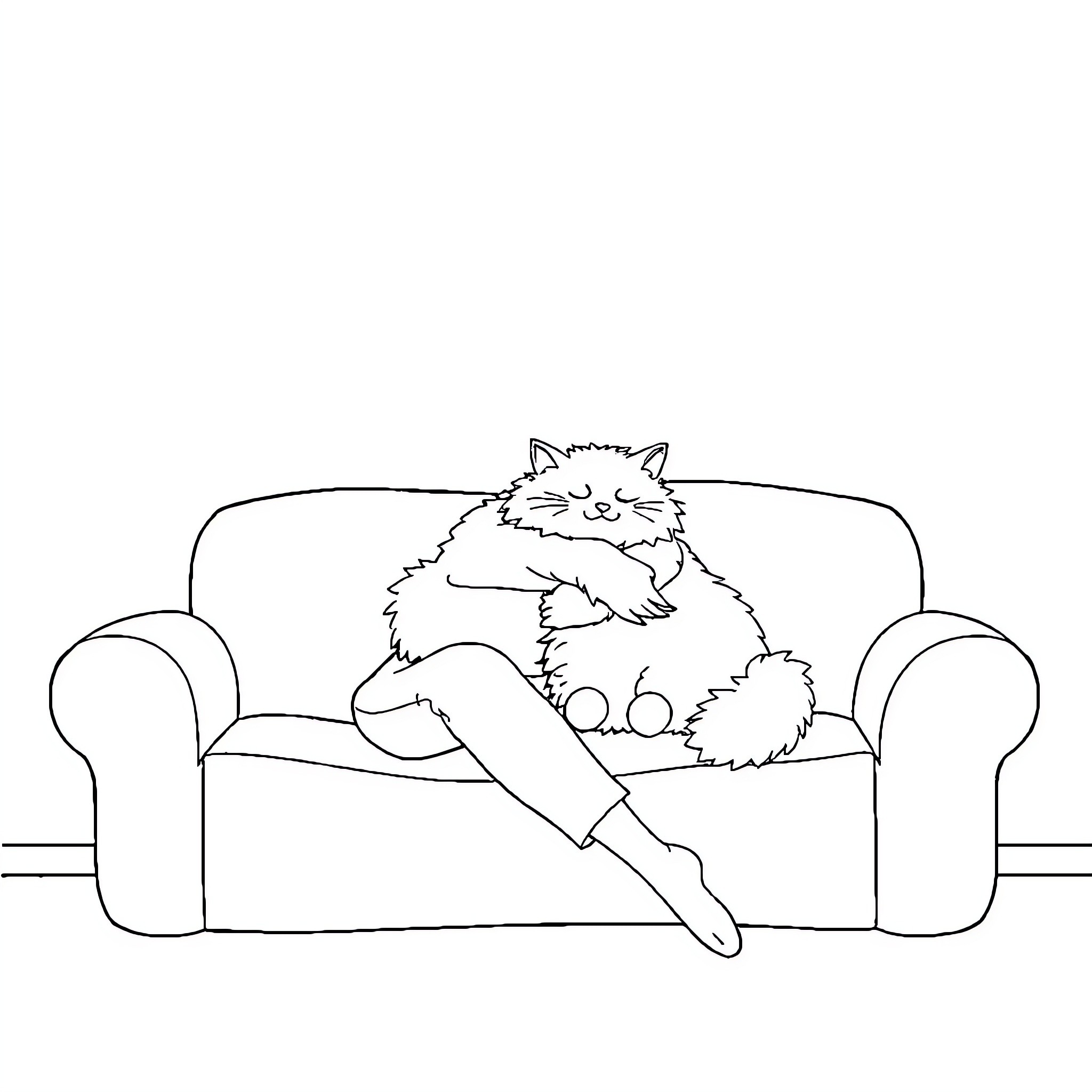 Woman relaxing comfortably on the couch with her pet Coloring Page (free black-and-white line drawing printable PDF for all, from beginners to advanced learners, including children, teens, adults, and seniors)
