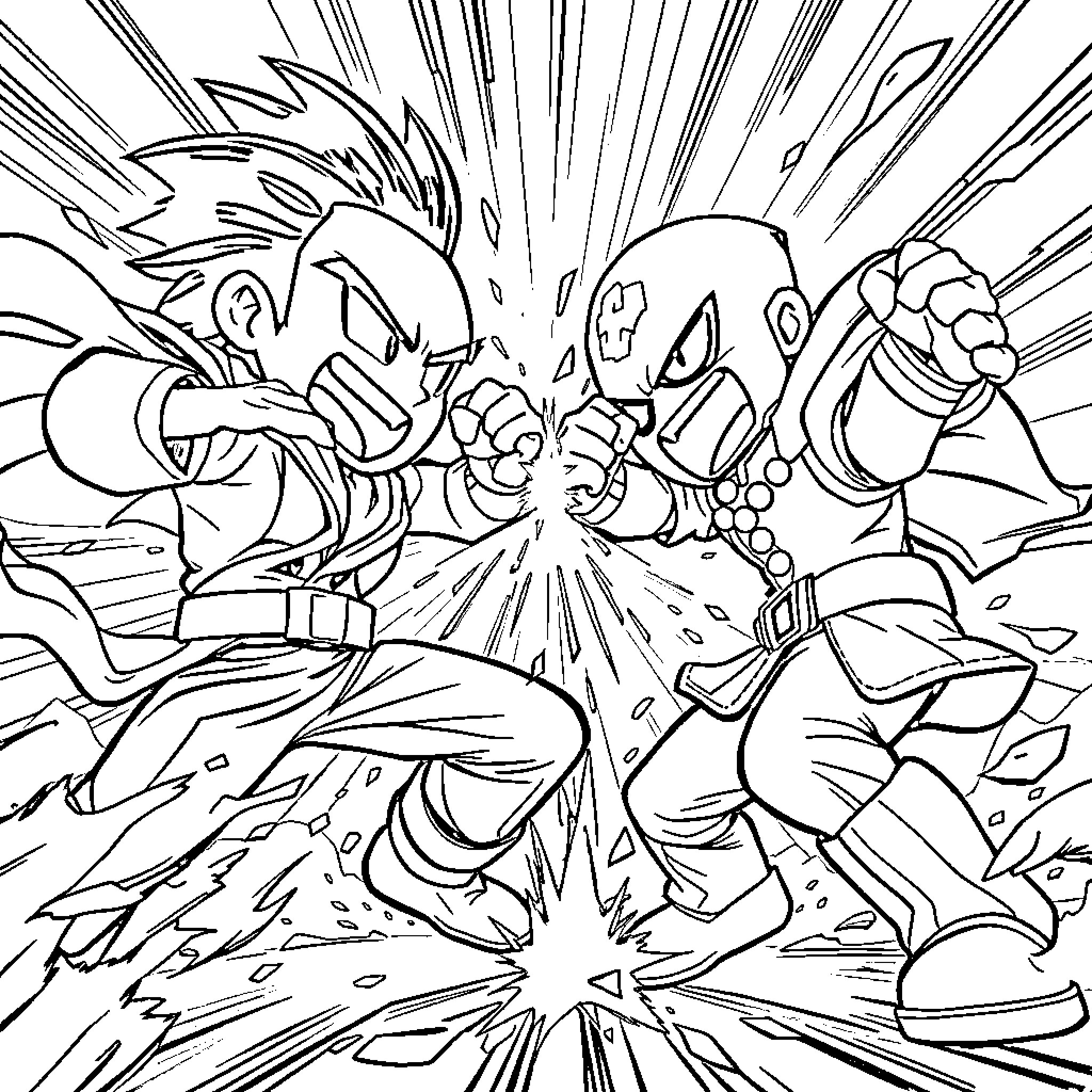 Kaze: Fierce Anime Battle Scene Coloring Page (free black-and-white line drawing printable PDF for all, from beginners to advanced learners, including children, teens, adults, and seniors)
