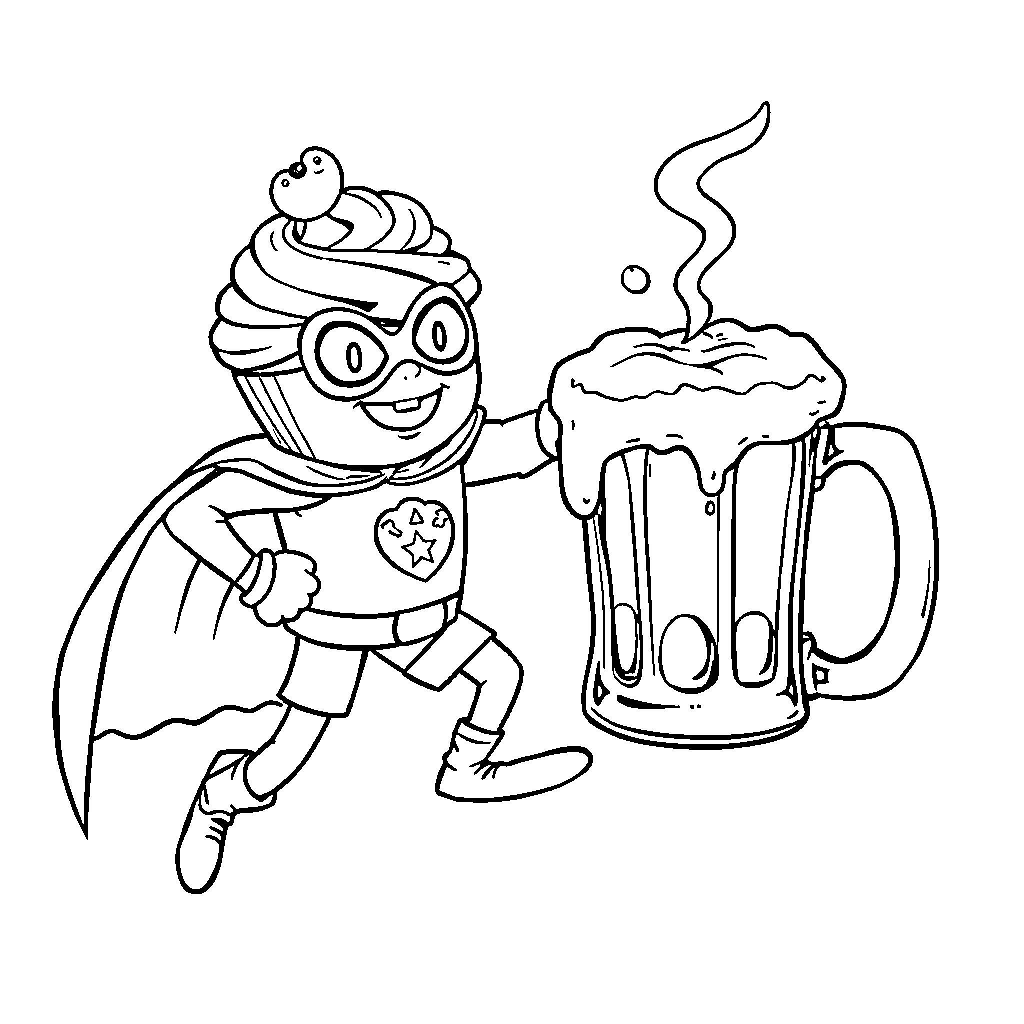 Cupcake superhero enjoying a foamy mug of beer Coloring Page (free black-and-white line drawing printable PDF for all, from beginners to advanced learners, including children, teens, adults, and seniors)