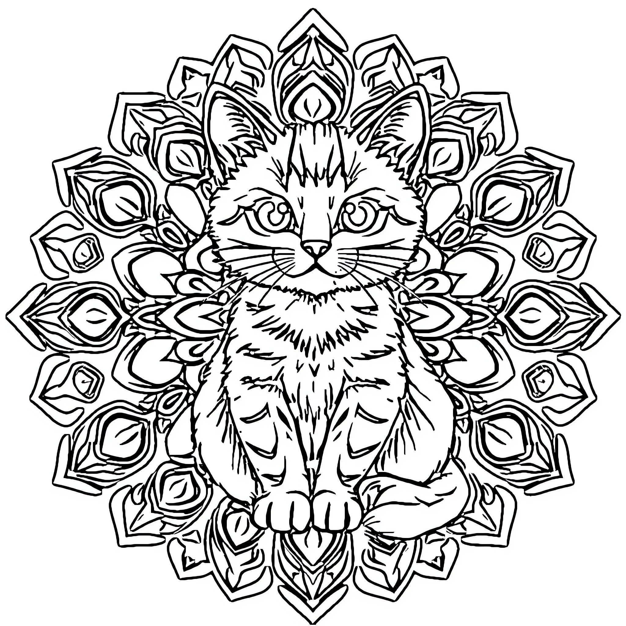 Cat Adorned in Intricate Mandala Design Coloring Page (free black-and-white line drawing printable PDF for all, from beginners to advanced learners, including children, teens, adults, and seniors)