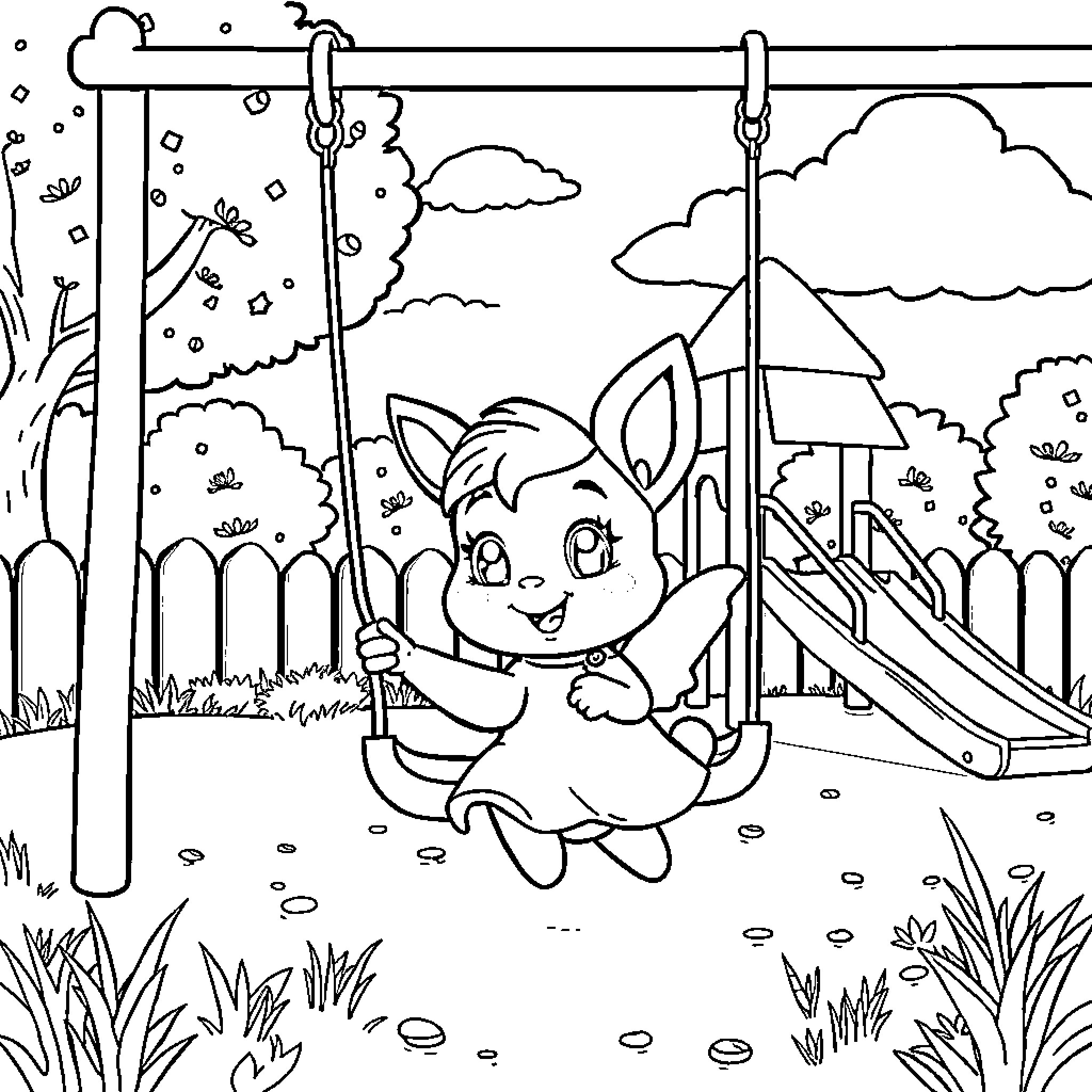 Evee playing joyfully on a playground swing Coloring Page (free black-and-white line drawing printable PDF for all, from beginners to advanced learners, including children, teens, adults, and seniors)