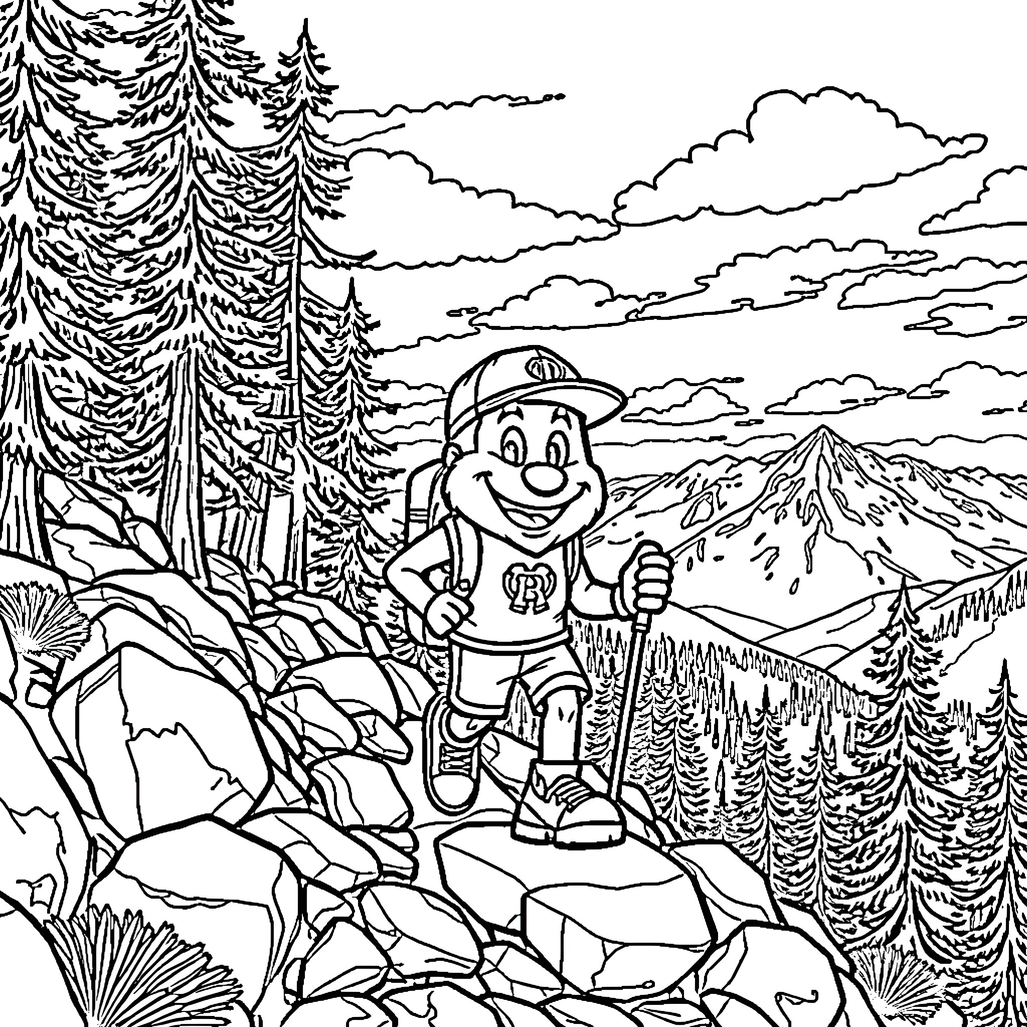 Mascot Hiking Cheerfully Through Mountainous Landscape Coloring Page (free black-and-white line drawing printable PDF for all, from beginners to advanced learners, including children, teens, adults, and seniors)