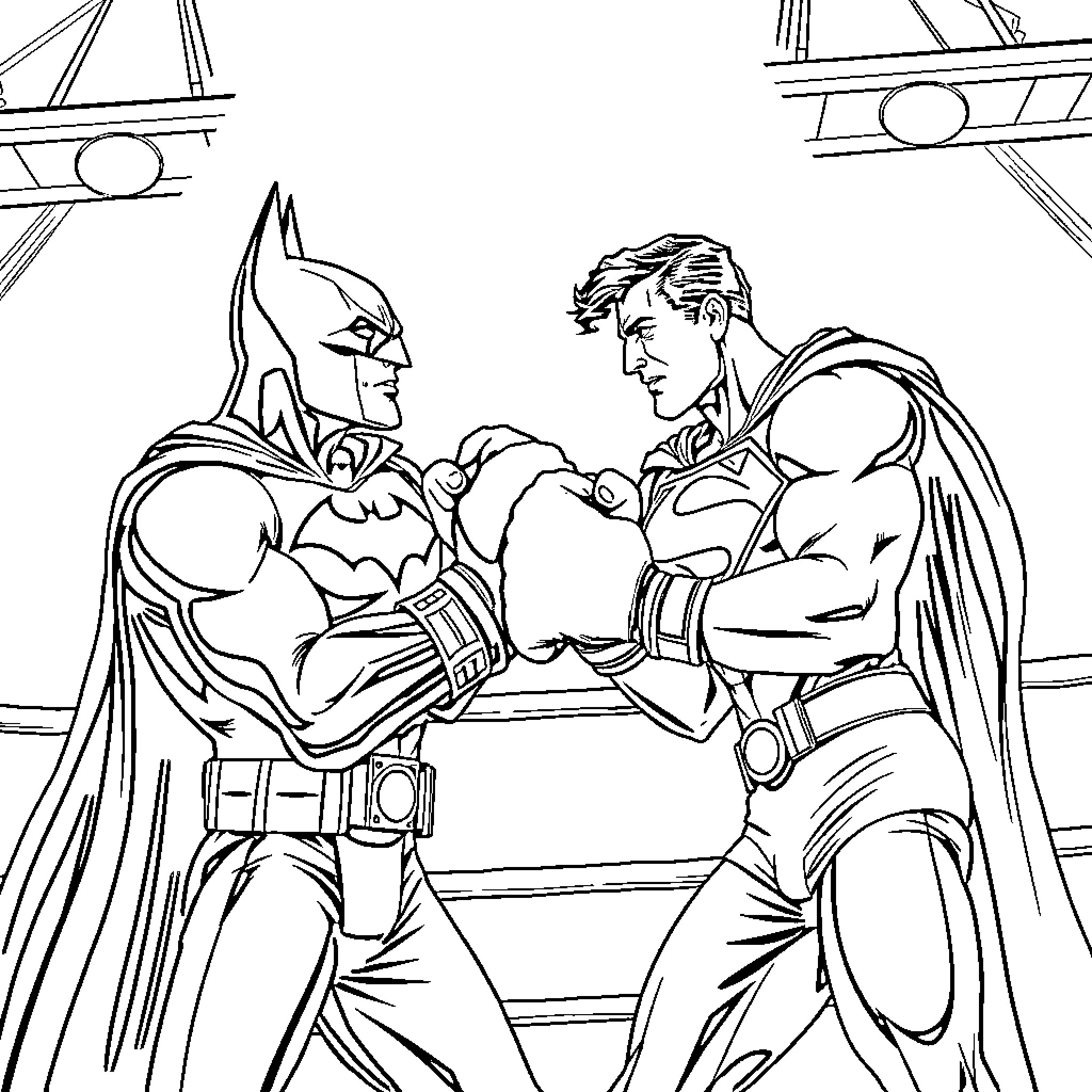 Batman and Superman in an intense confrontation Coloring Page (free black-and-white line drawing printable PDF for all, from beginners to advanced learners, including children, teens, adults, and seniors)