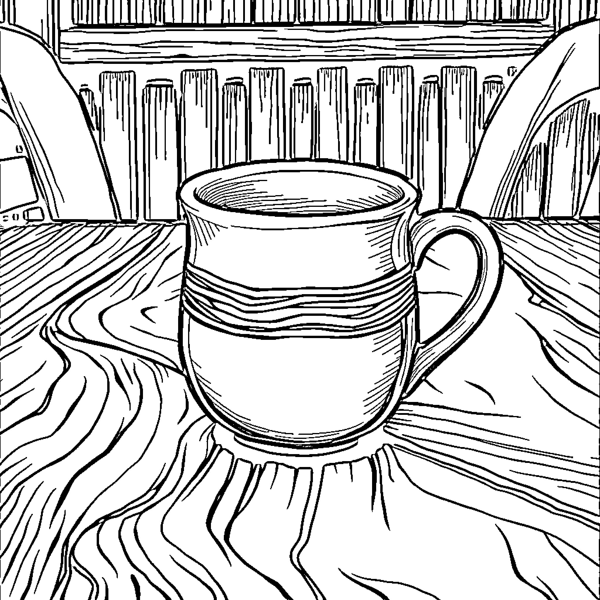 Cup with Intricate Backdrop Coloring Page (free black-and-white line drawing printable PDF for all, from beginners to advanced learners, including children, teens, adults, and seniors)