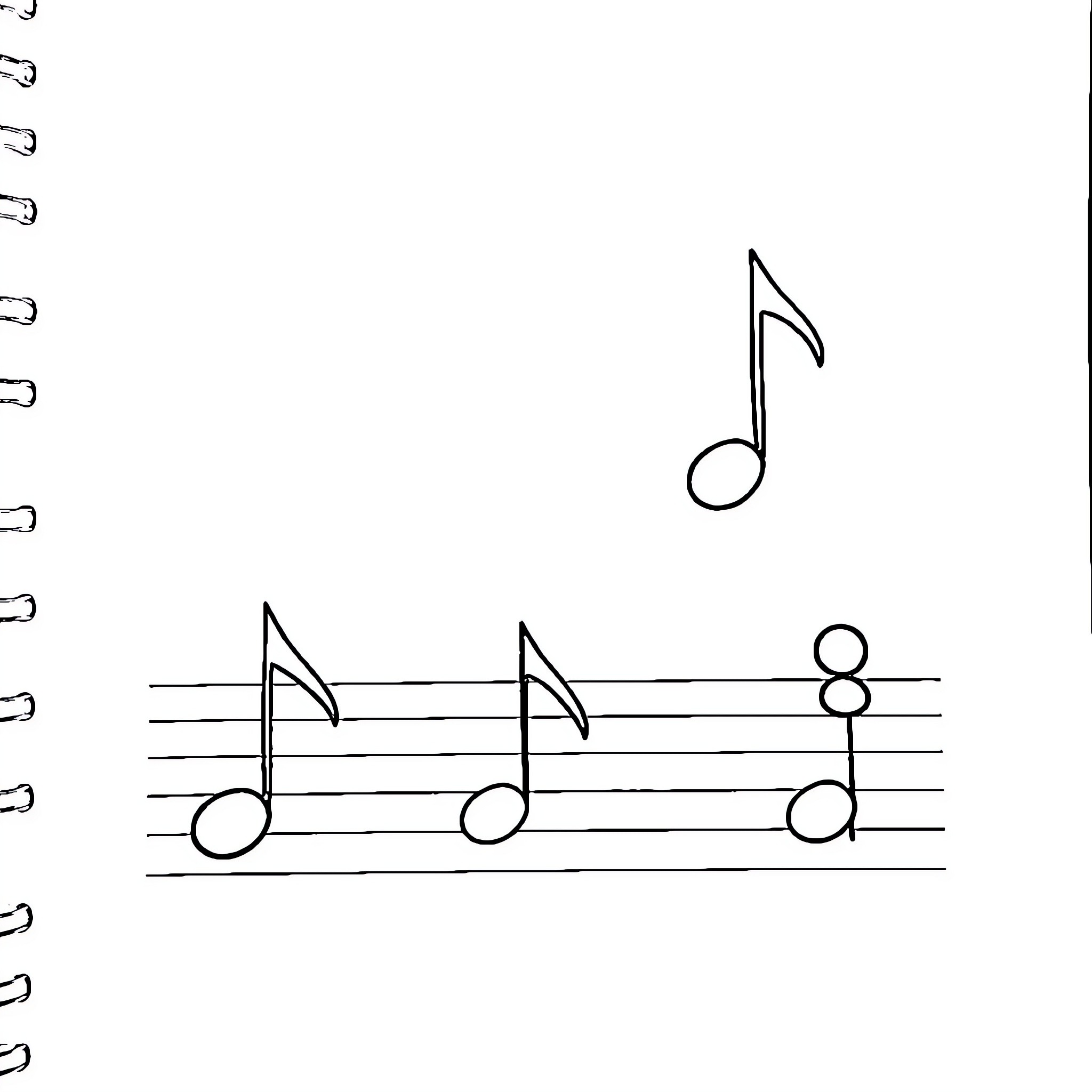 Music Note Notation on Musical Staff Coloring Page (free black-and-white line drawing printable PDF for all, from beginners to advanced learners, including children, teens, adults, and seniors)