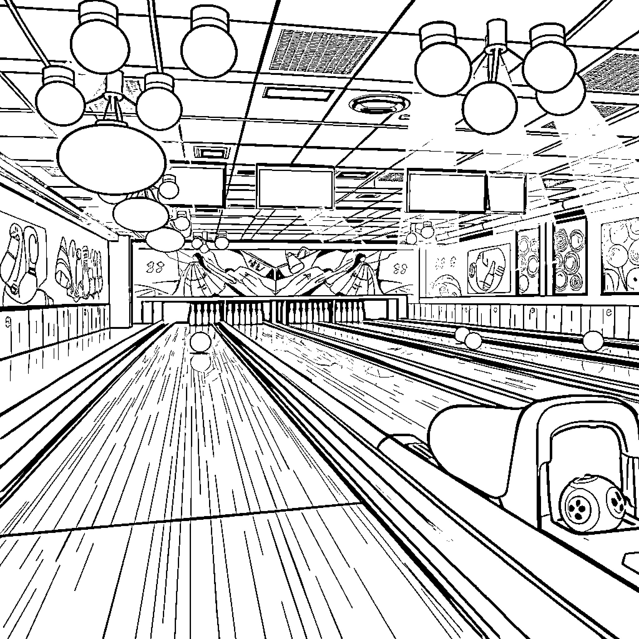 Bowling Alley with Lively Decor and Bowling Lanes Coloring Page (free black-and-white line drawing printable PDF for all, from beginners to advanced learners, including children, teens, adults, and seniors)